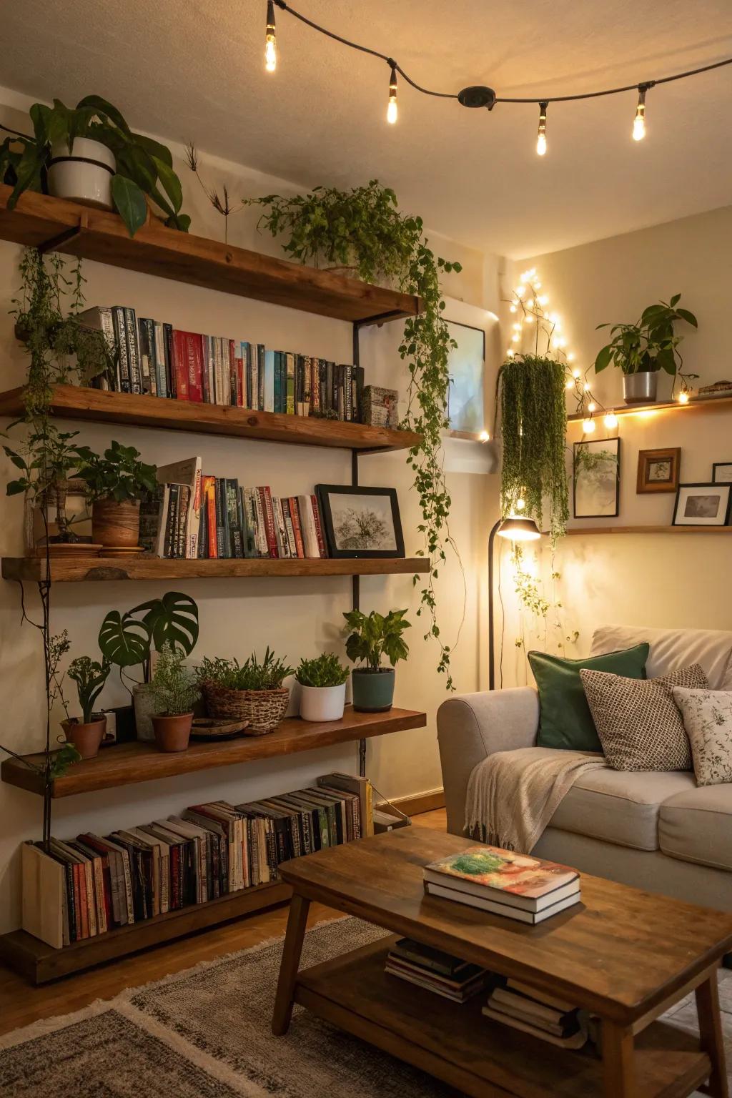 Floating shelves beautifully adorned with literature and plants.