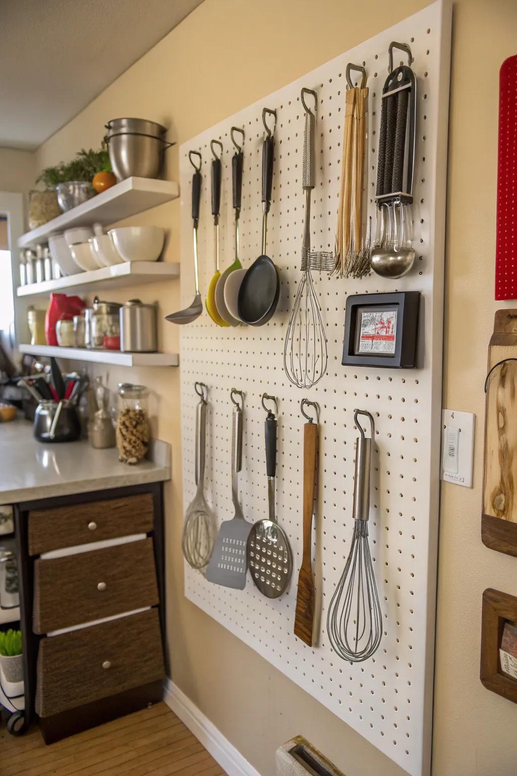 A pegboard ensures your kitchen must-haves are always accessible.