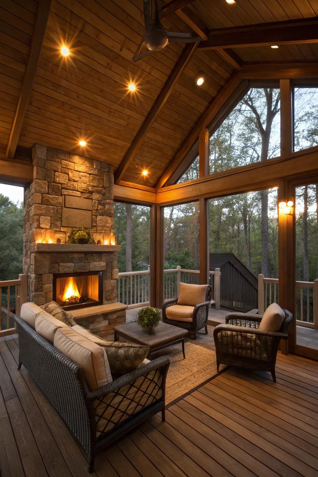 An attractive fireplace area on a sheltered deck.