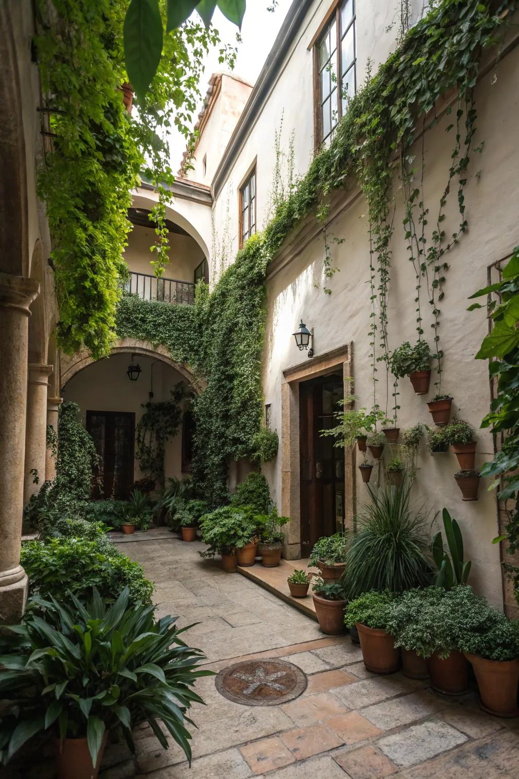 Amplify your courtyard's charm with abundant verdure and climbing plants.