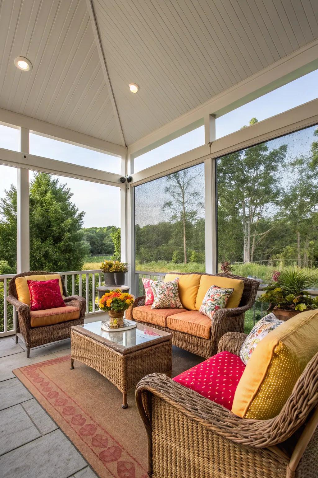 A tranquil screened-in patio, an idyllic spot for savoring nature's embrace, minus the insects.