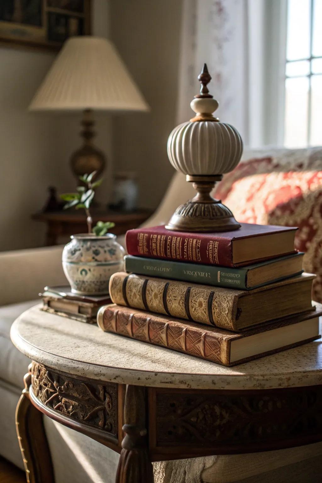 Vintage books infuse an end table with charm.