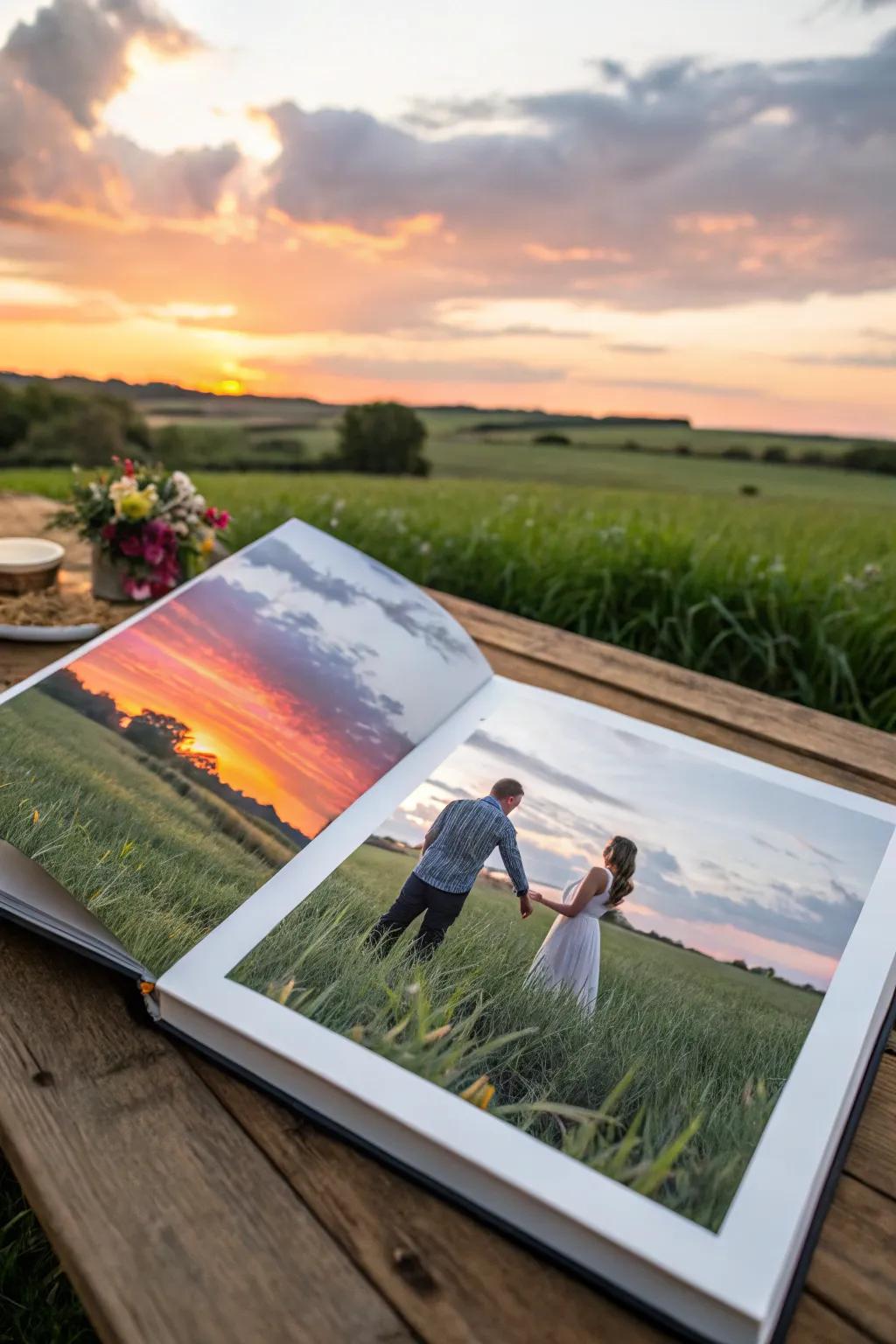 A page from a photo book displaying a pair in a peaceful field during sunset.