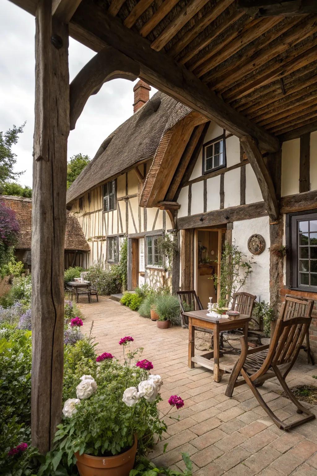 Wooden beams and countryside furniture elements boost organic allure.