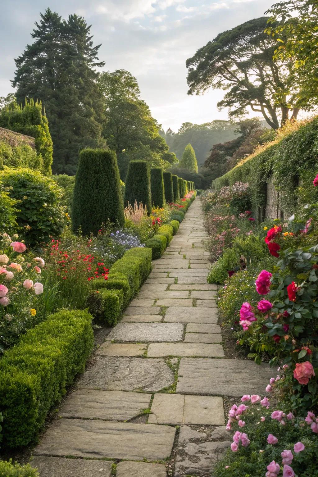 A twisting stone walkway that beckons exploration through the garden.