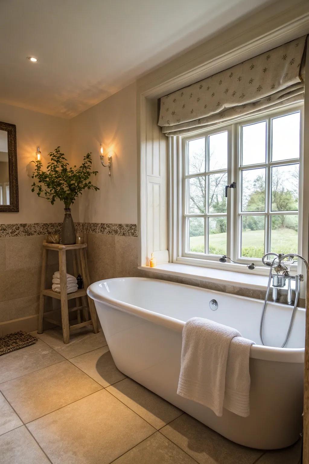 A standalone tub adds luxury and charm to this private bathroom.