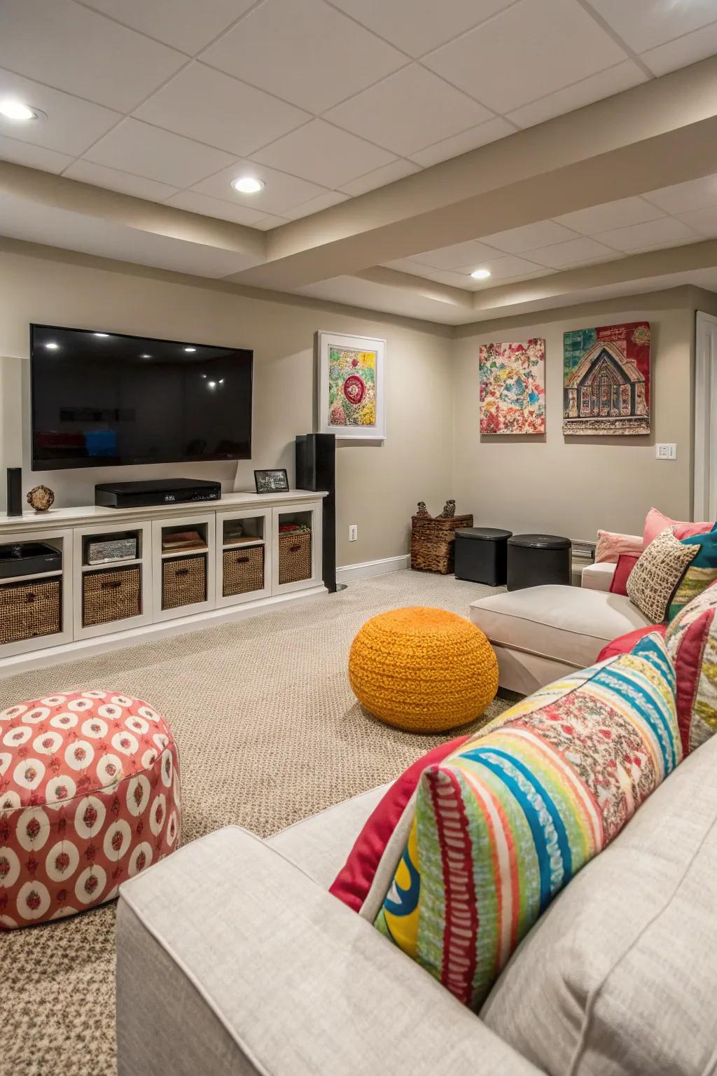 A balanced mix of subdued tones with vibrant highlights in an entertainment center setup.