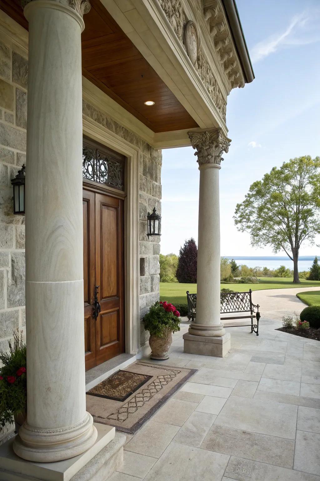 Majestic stone pillars lending sophistication and support to a stunning front porch.
