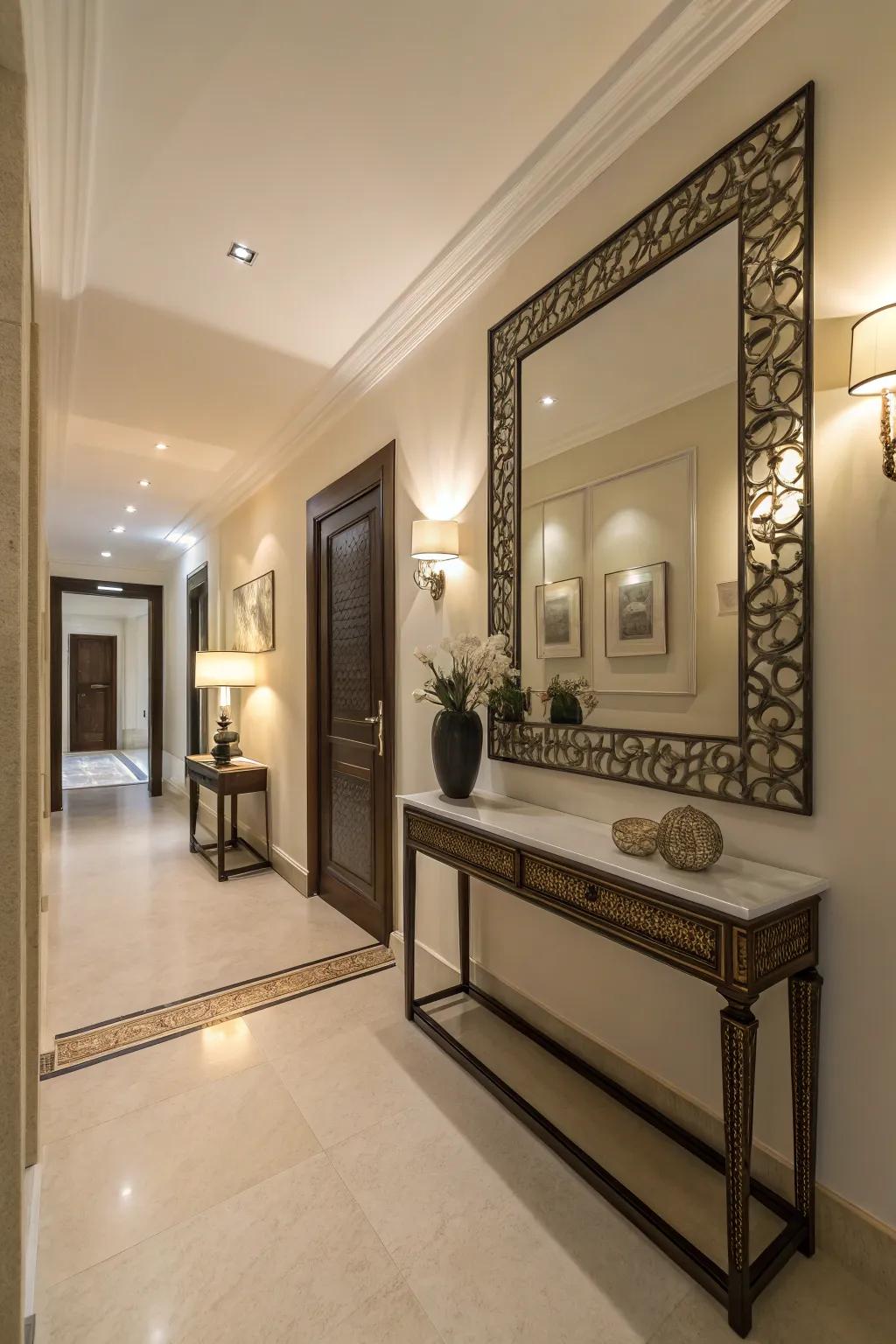 A large mirror enhances the sense of depth and light in this entryway.