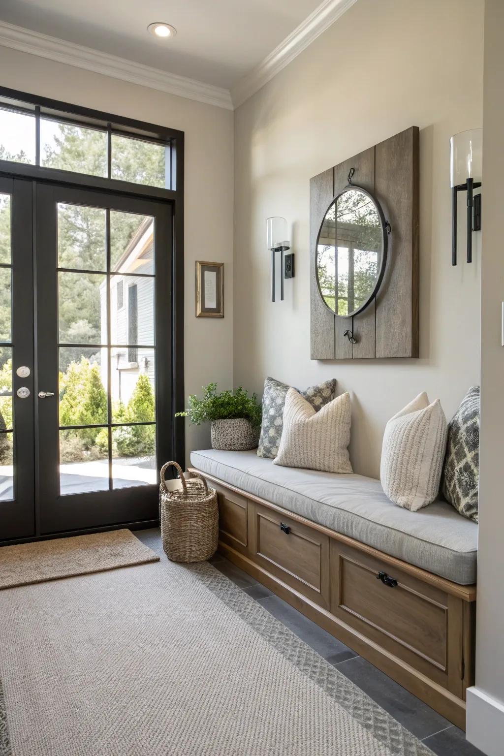 A comfortable padded bench adorned with plush cushions in a modern entryway setting.