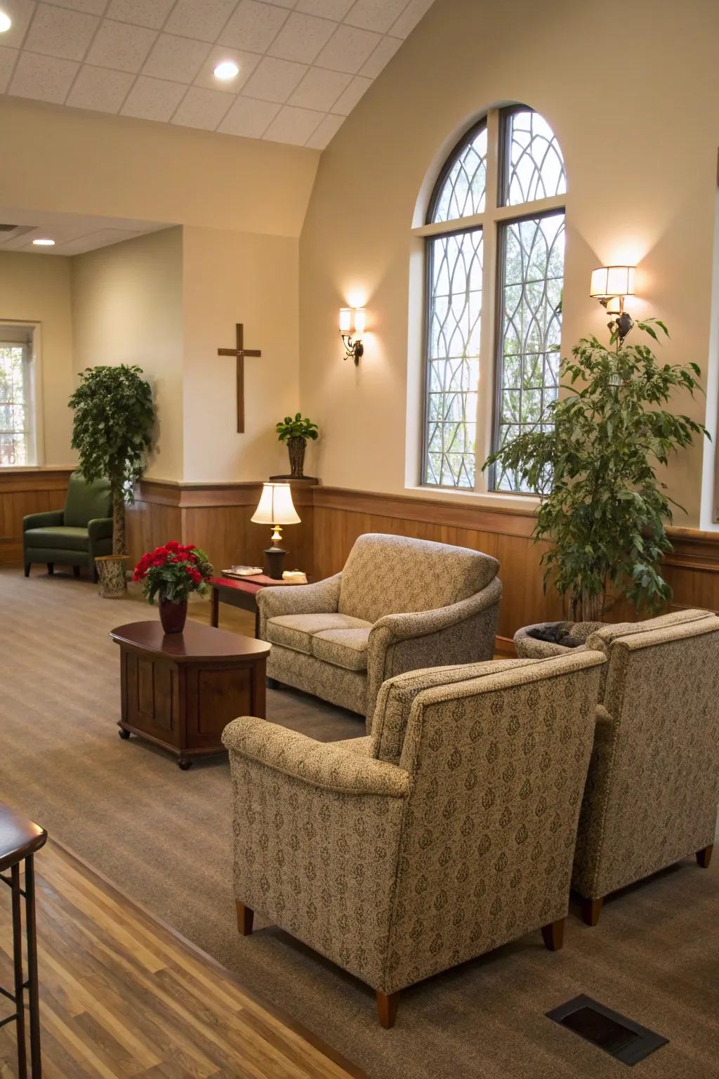 Inviting seating in a church foyer sparks conversation and relaxation.
