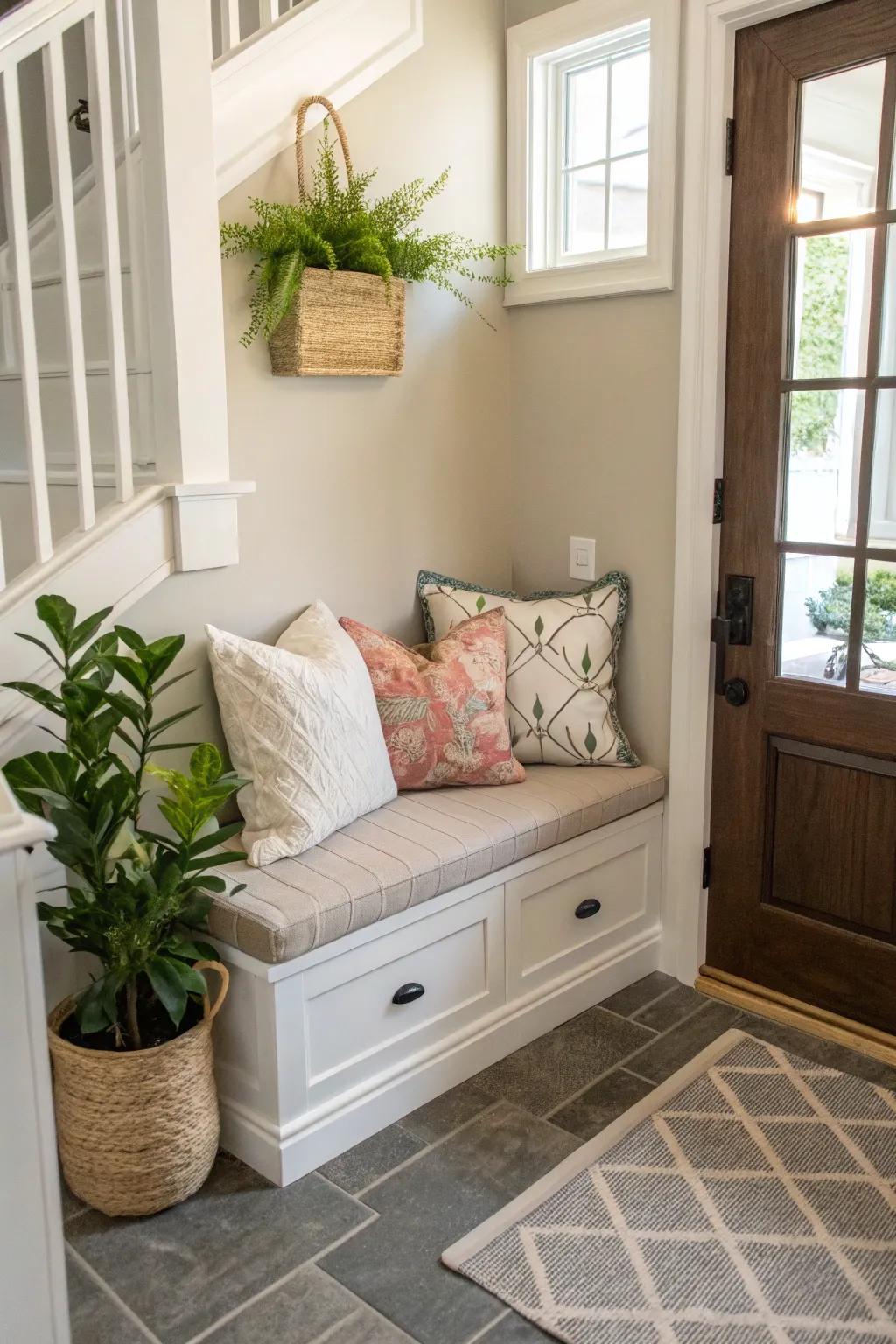 A cozy bench enriches the foyer with function and flair.