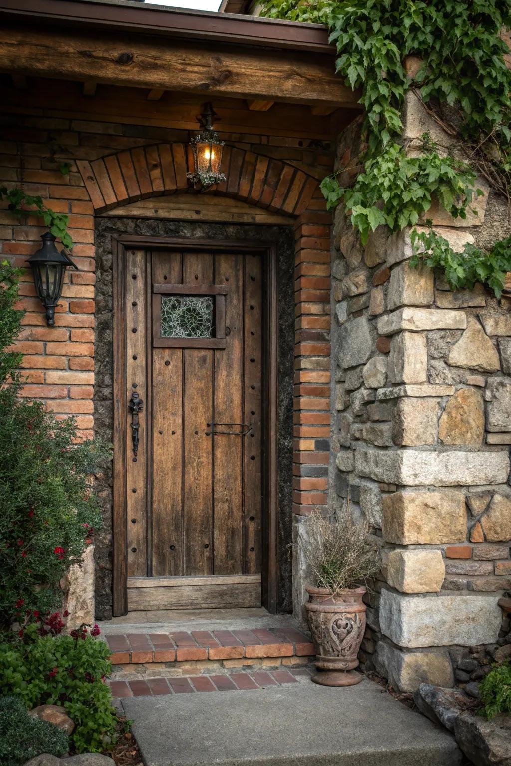 A down-to-earth wood door enhanced by stone details.
