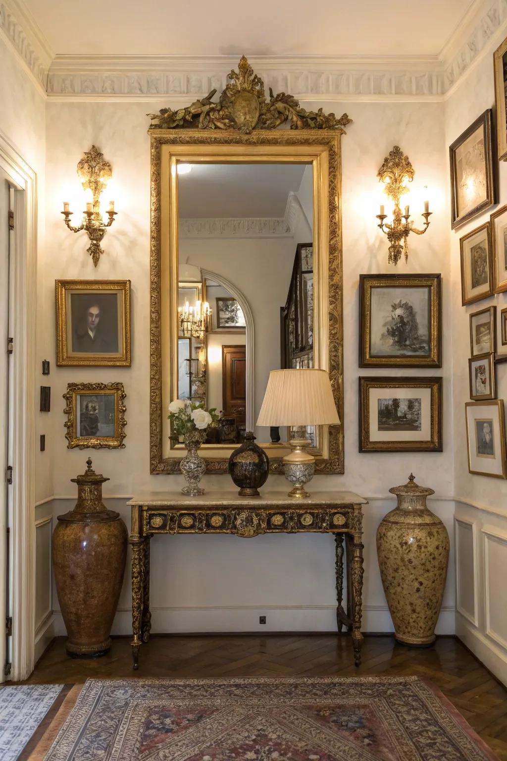 A vintage mirror contributes charm and history to a modern entryway.