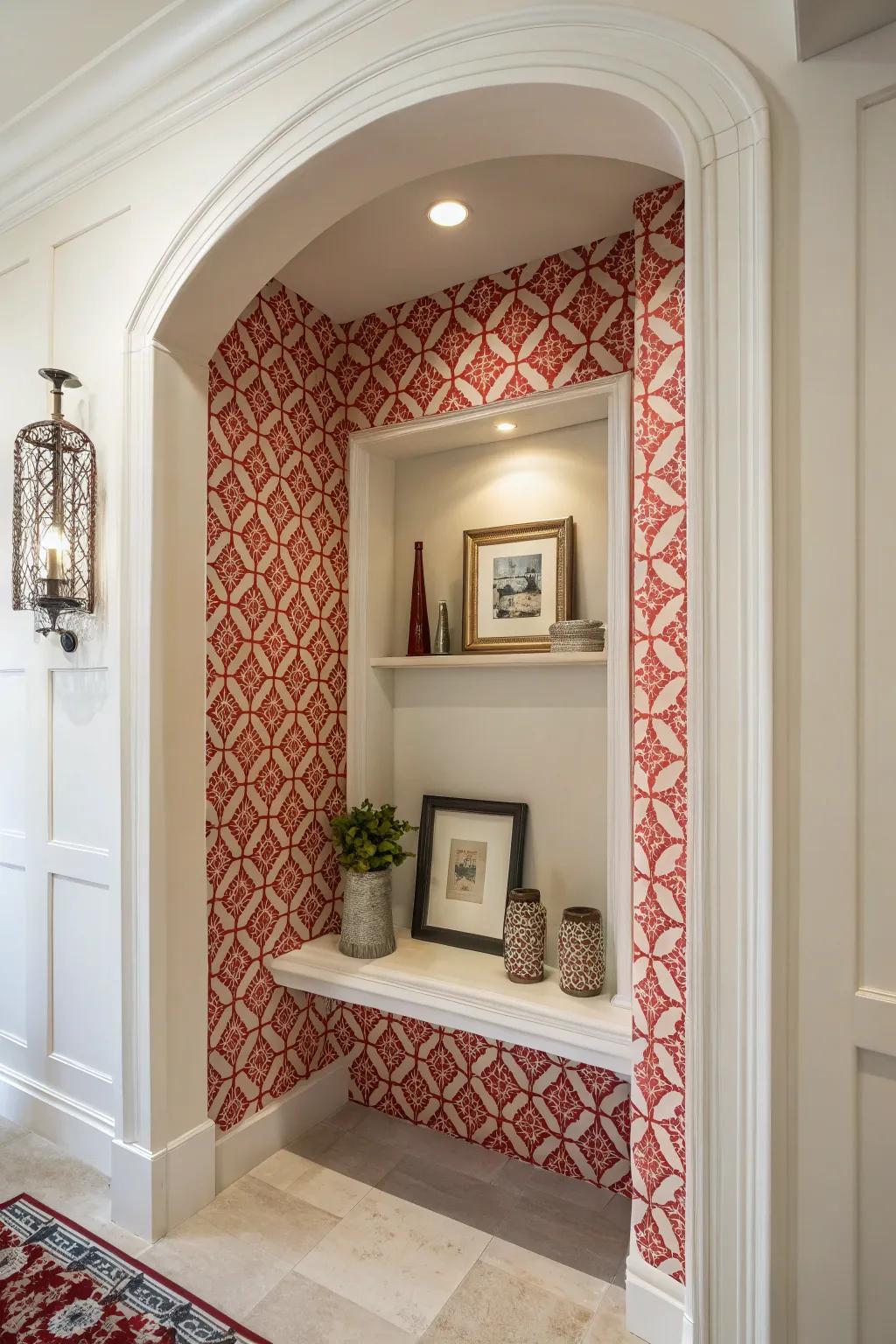 An energetic patterned wallpaper injects vitality into this entryway niche.