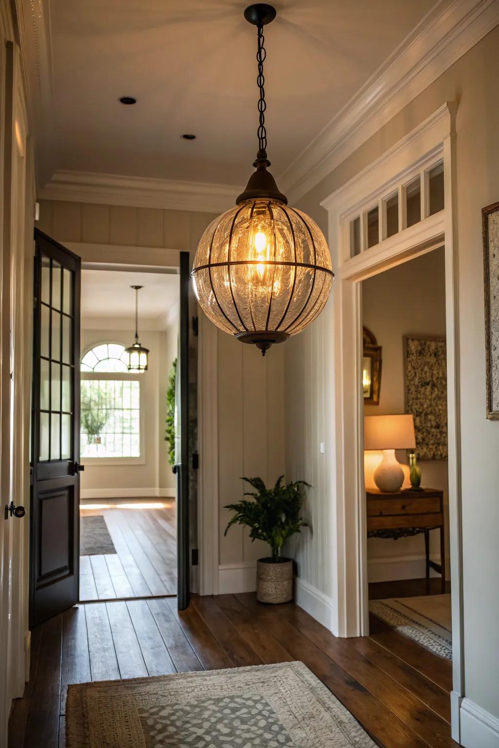 An entryway illuminated by a pendant light, showcasing a unique bulb design that adds a whimsical touch.