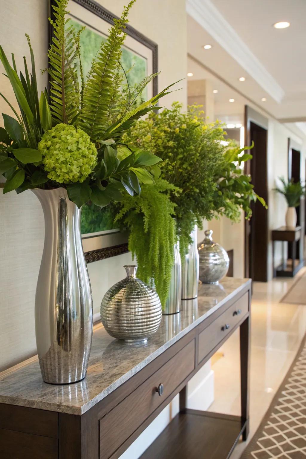 Green-filled vases deliver a vibrant, natural element to your foyer.