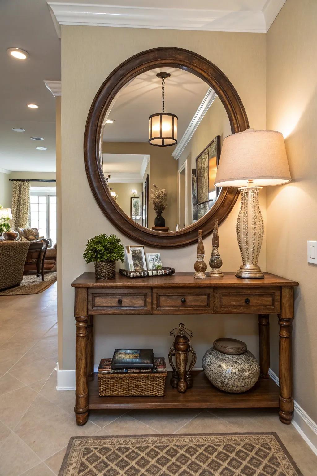 Mirrors amplify light and space, designing an inviting entryway.