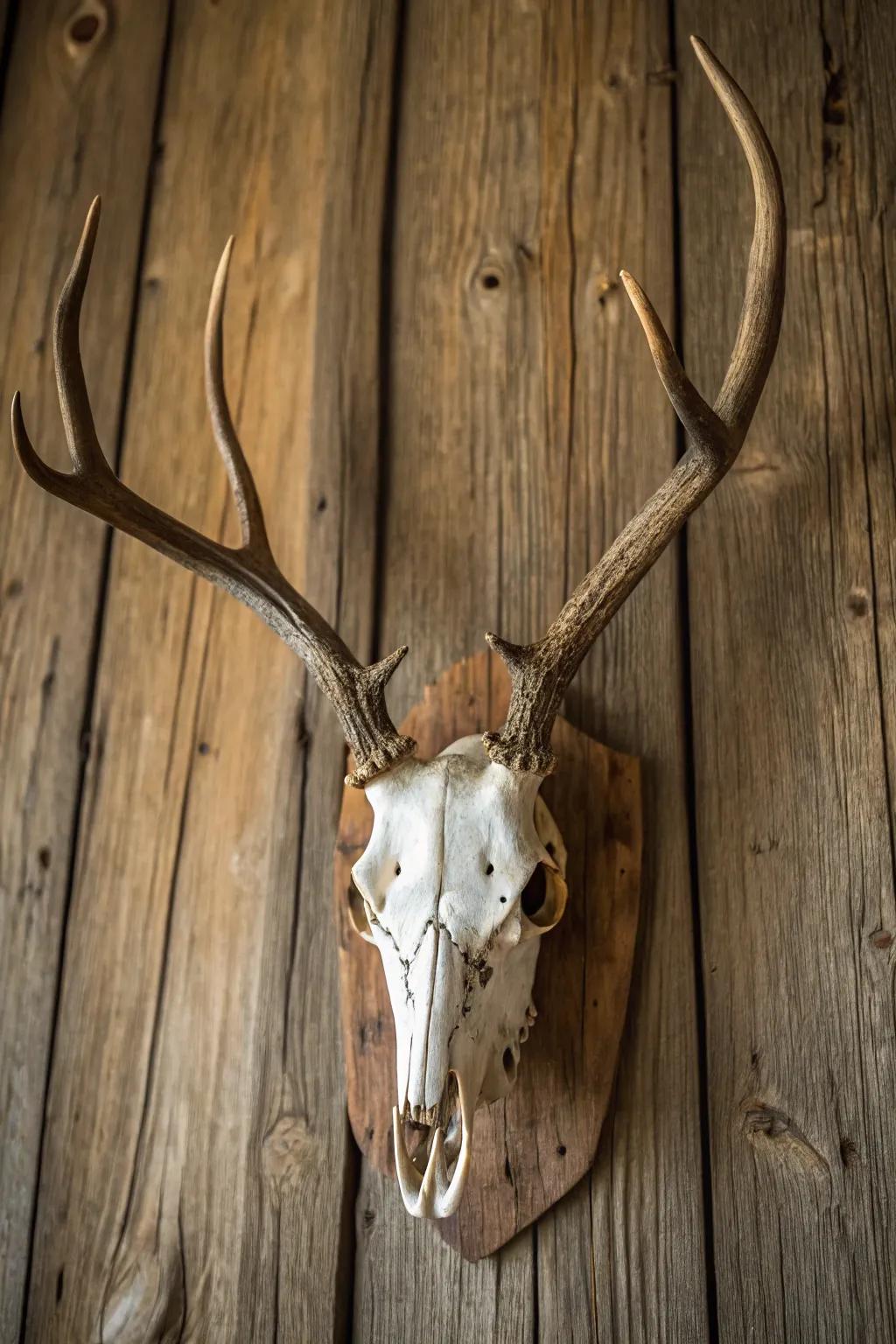 Raw timber backgrounds highlight the refined essence of the deer skull.