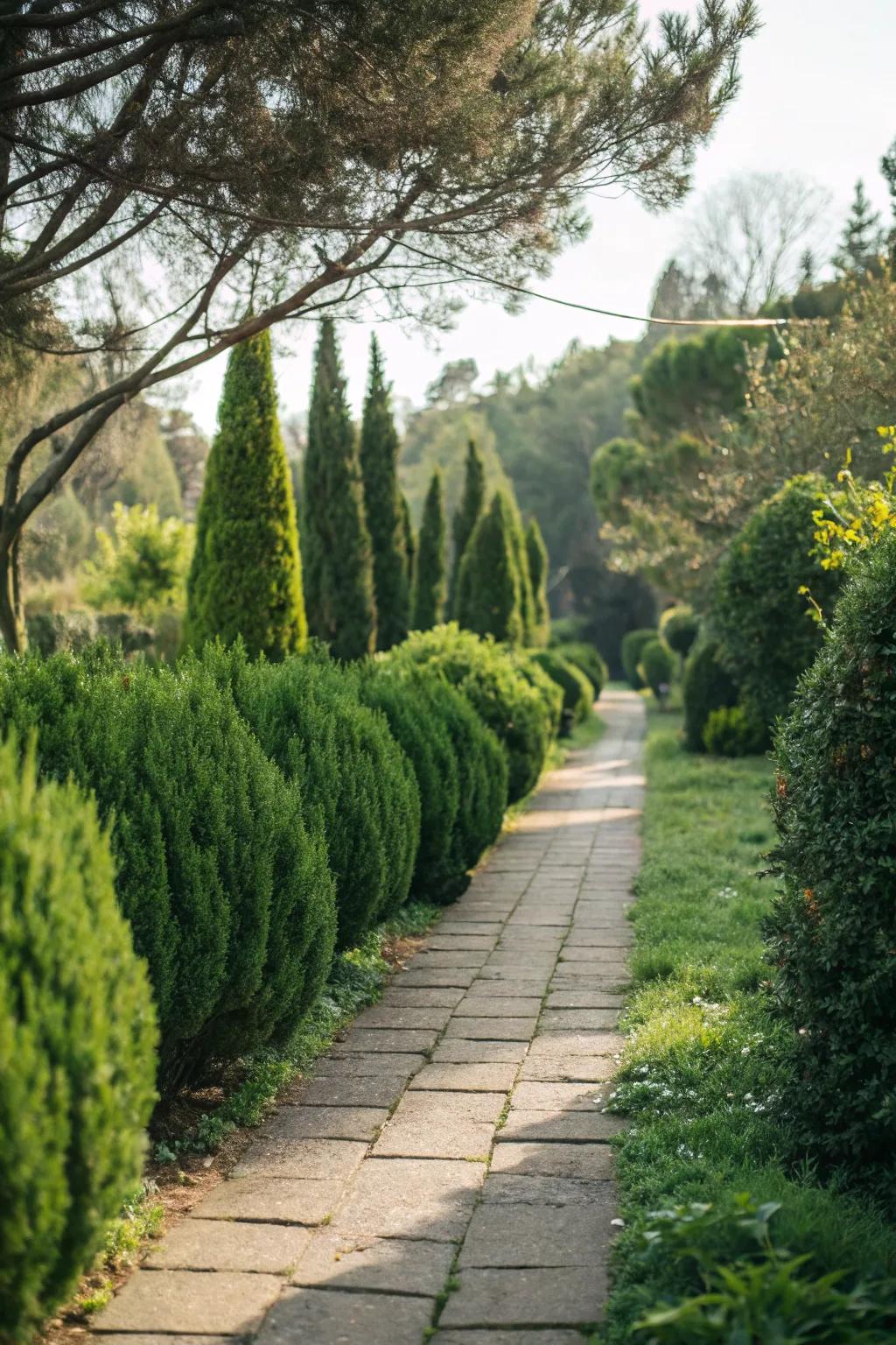 A lovely garden path featuring accurately spaced evergreen bushes.