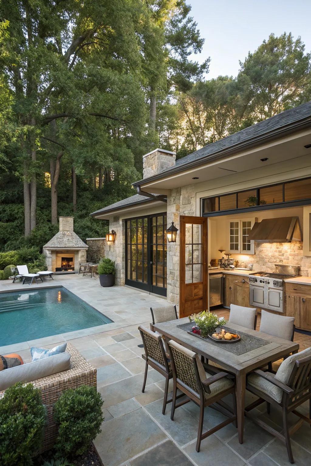 A lavish outdoor area featuring a summer house.