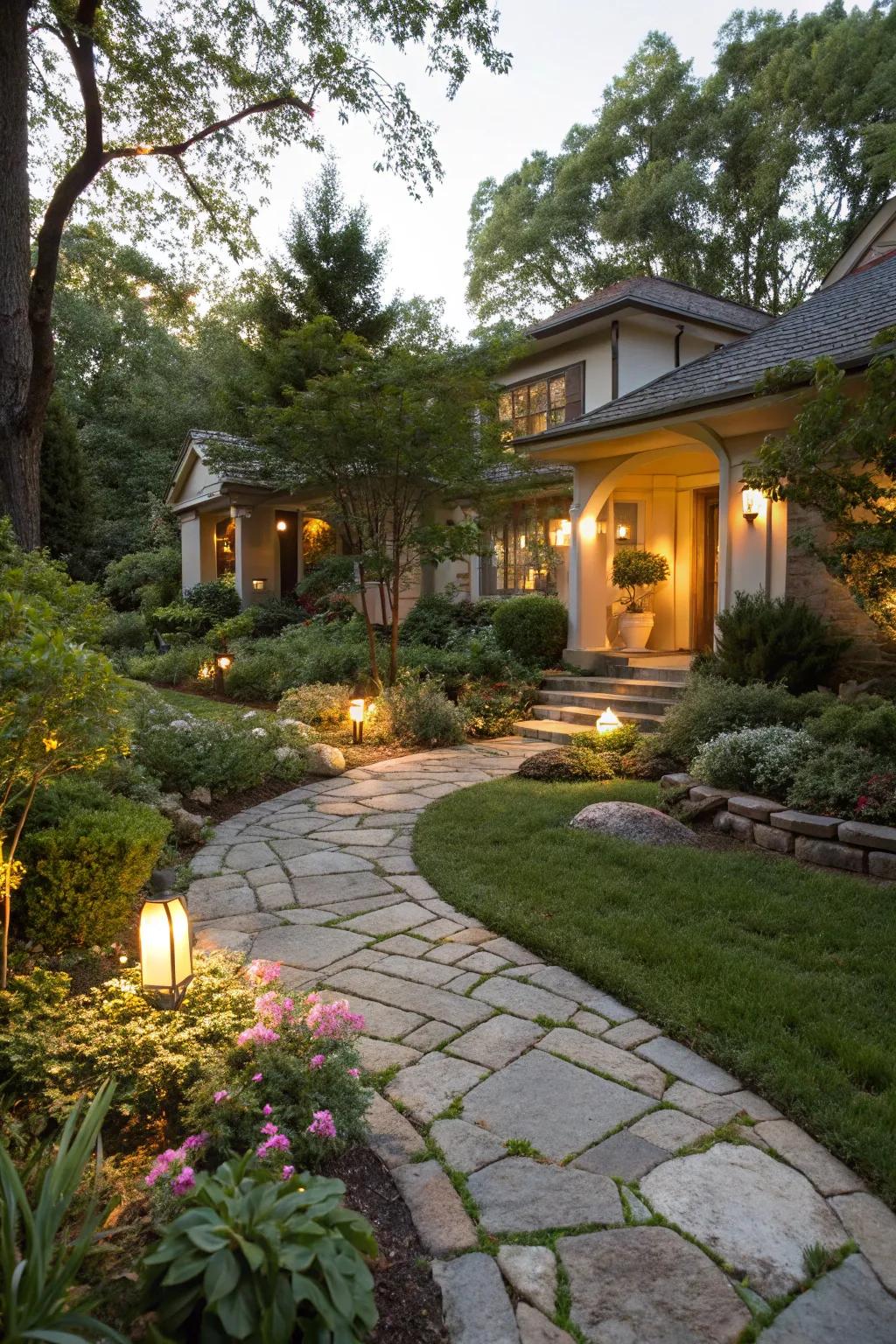 An enchanting front garden featuring a stone pathway and soft lighting.