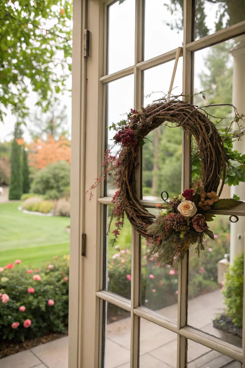 Exterior window featuring a rustic twisted vine circle
