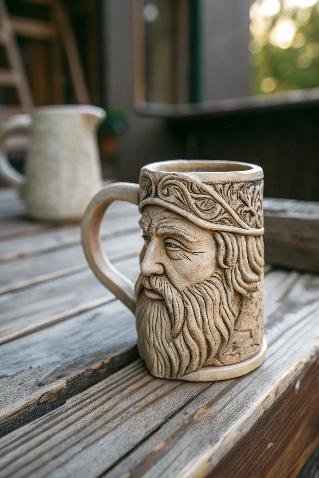 A sculpted face mug exhibiting detailed craftsmanship, ideal for admirers of art.