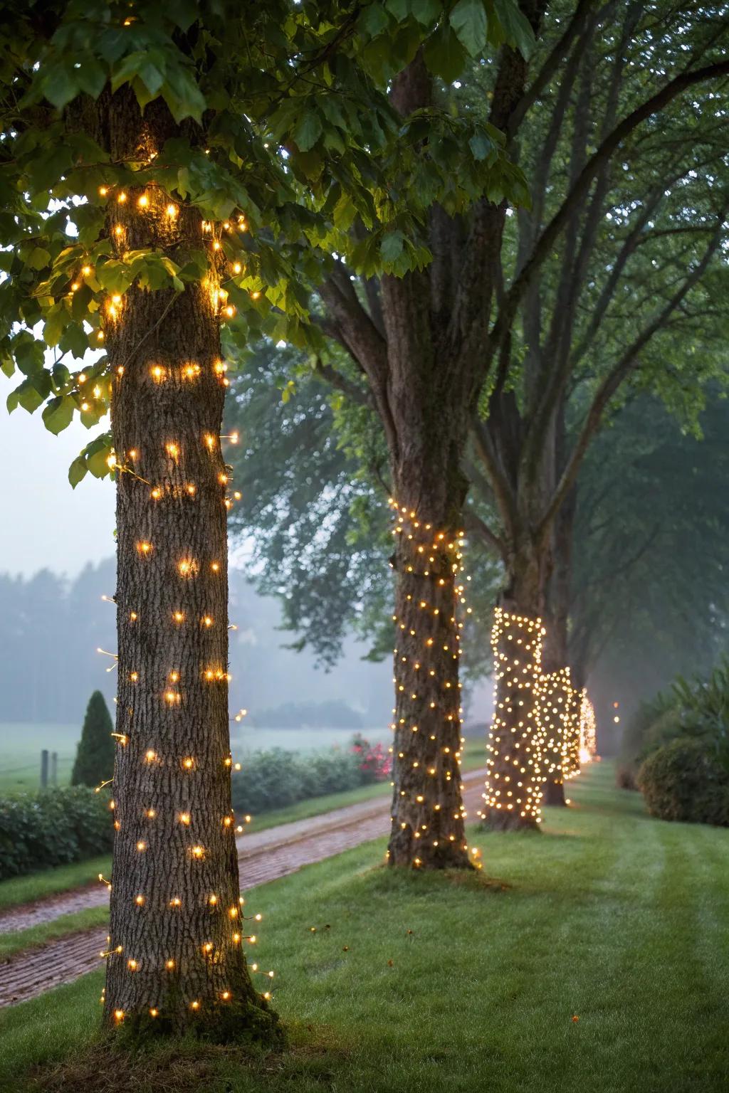 Tree bodies adorned with twinkle lights evoke a captivating radiance.