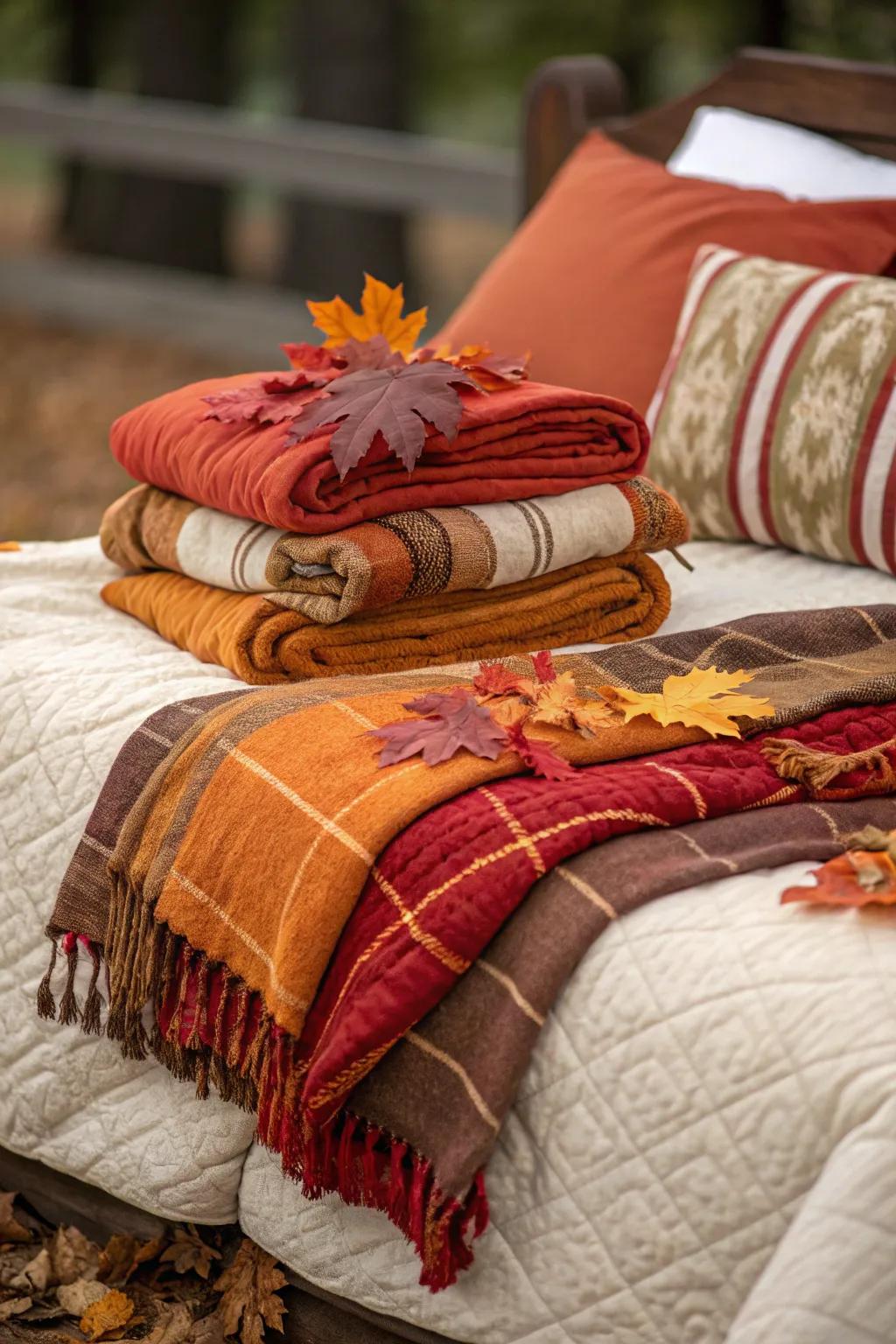 Layer your bedding to amplify warmth and relaxation throughout the autumn season.