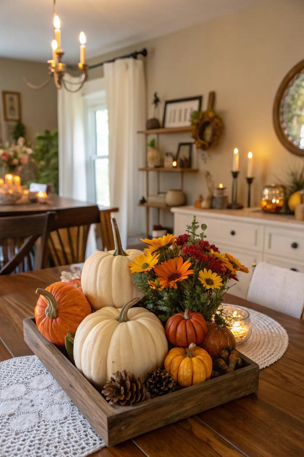 Small gourds and seasonal blossoms fashion a captivating centerpiece.