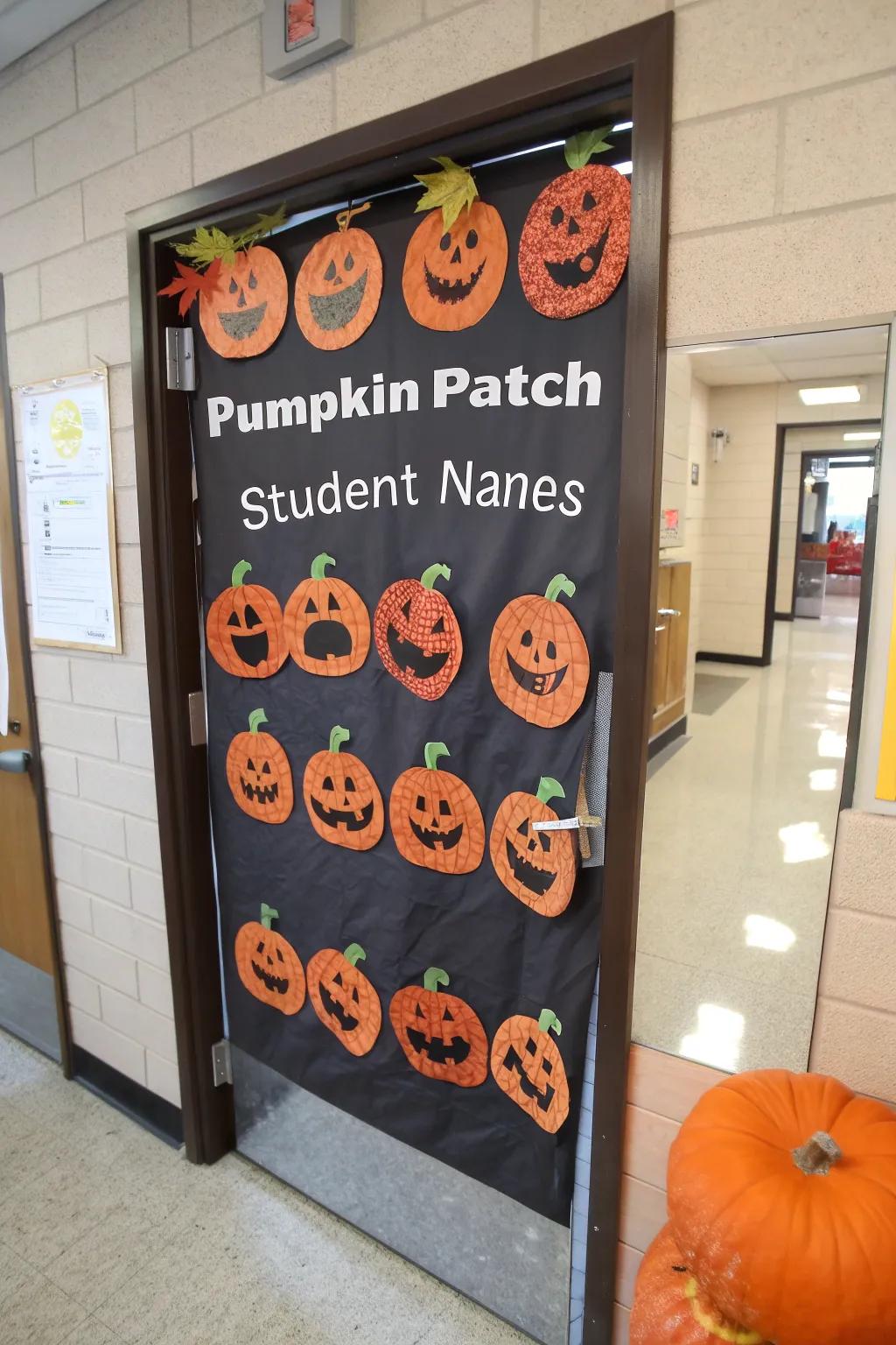 A charming pumpkin display door showcasing student names.