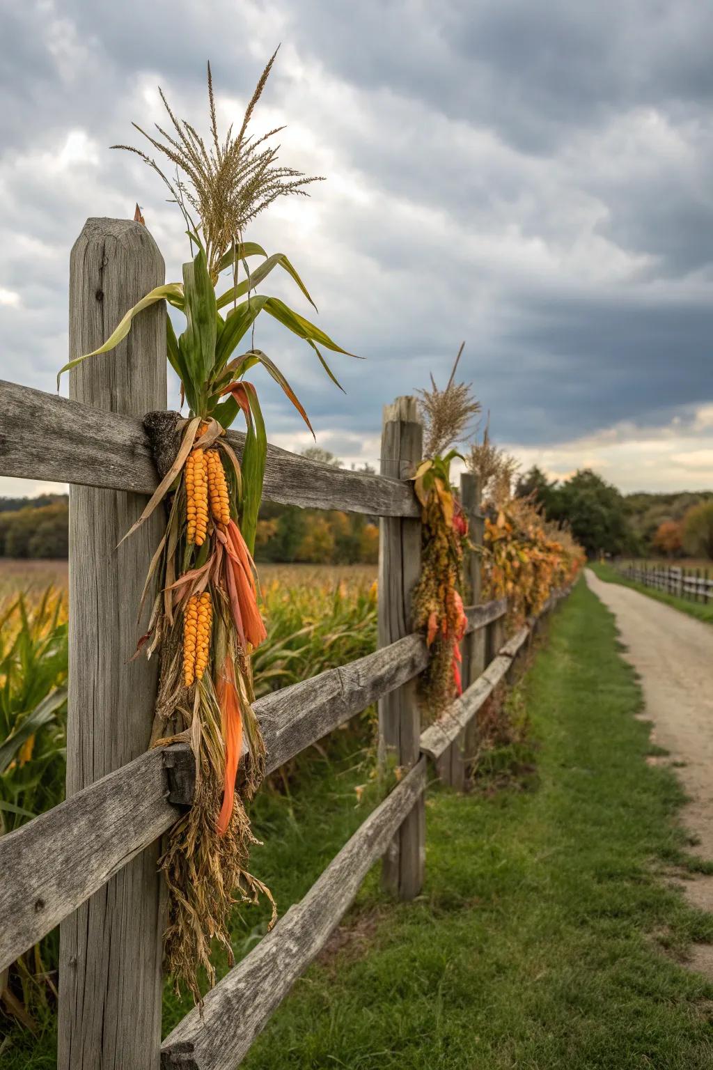Bundles of corn stalks add a touch of rustic elegance to any outdoor space.