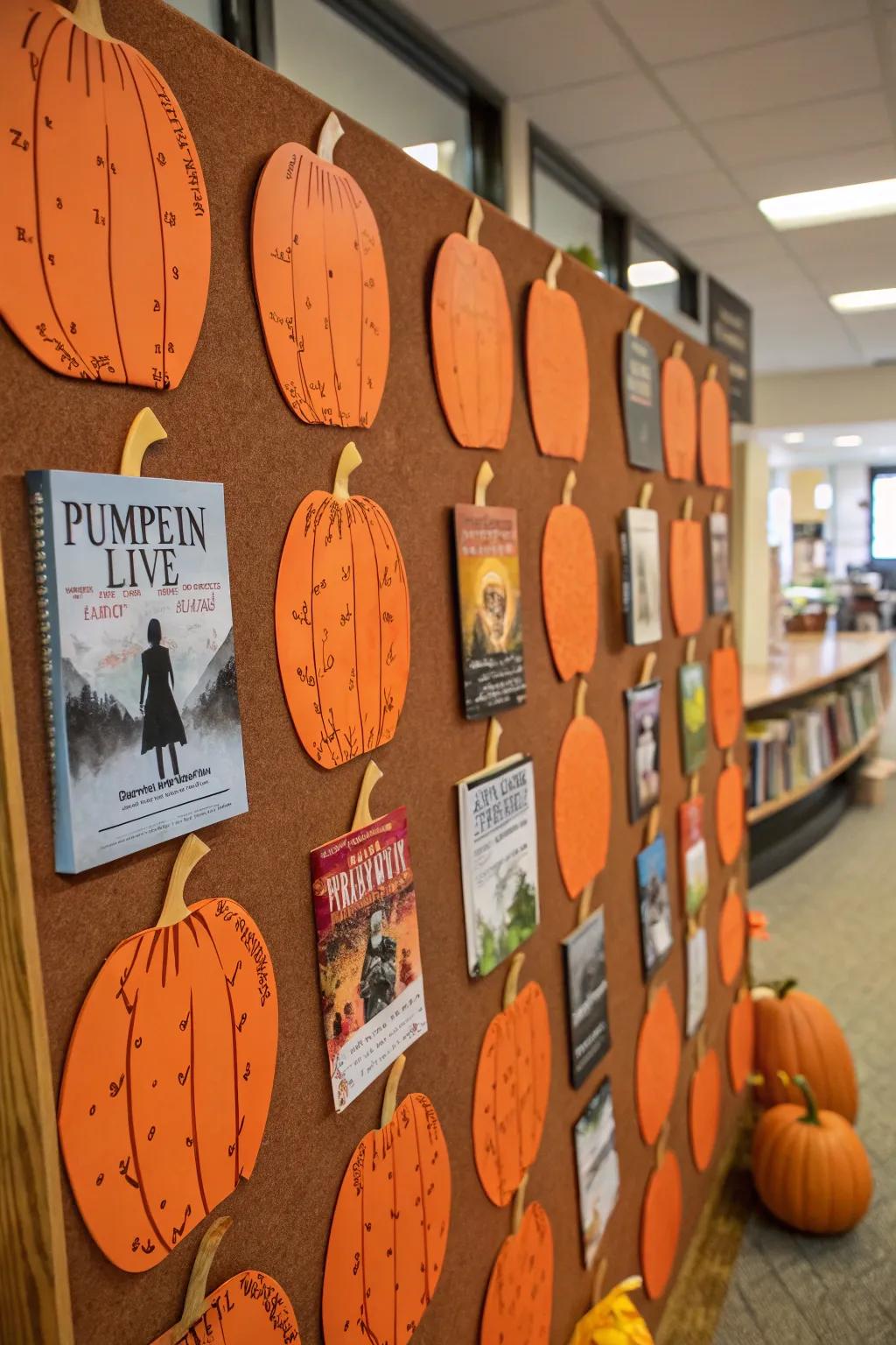 A bulletin board featuring a pumpkin display that showcases book covers.