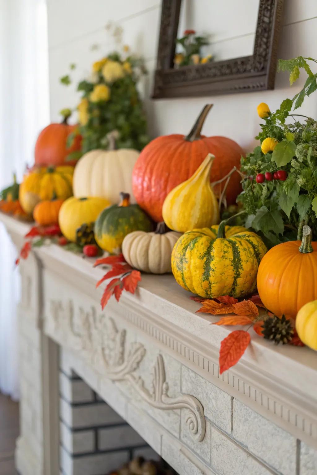 An energetic display of squashes and gourds arranged on a fall-inspired mantel.