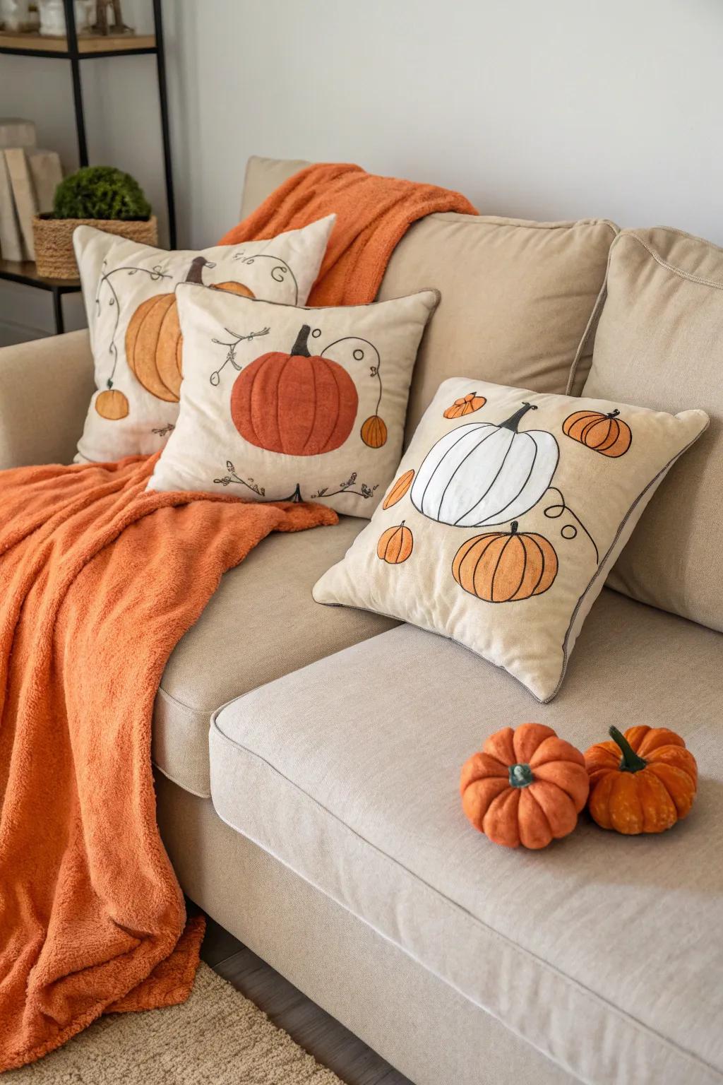 Pumpkin-themed pillows to celebrate the essence of fall.