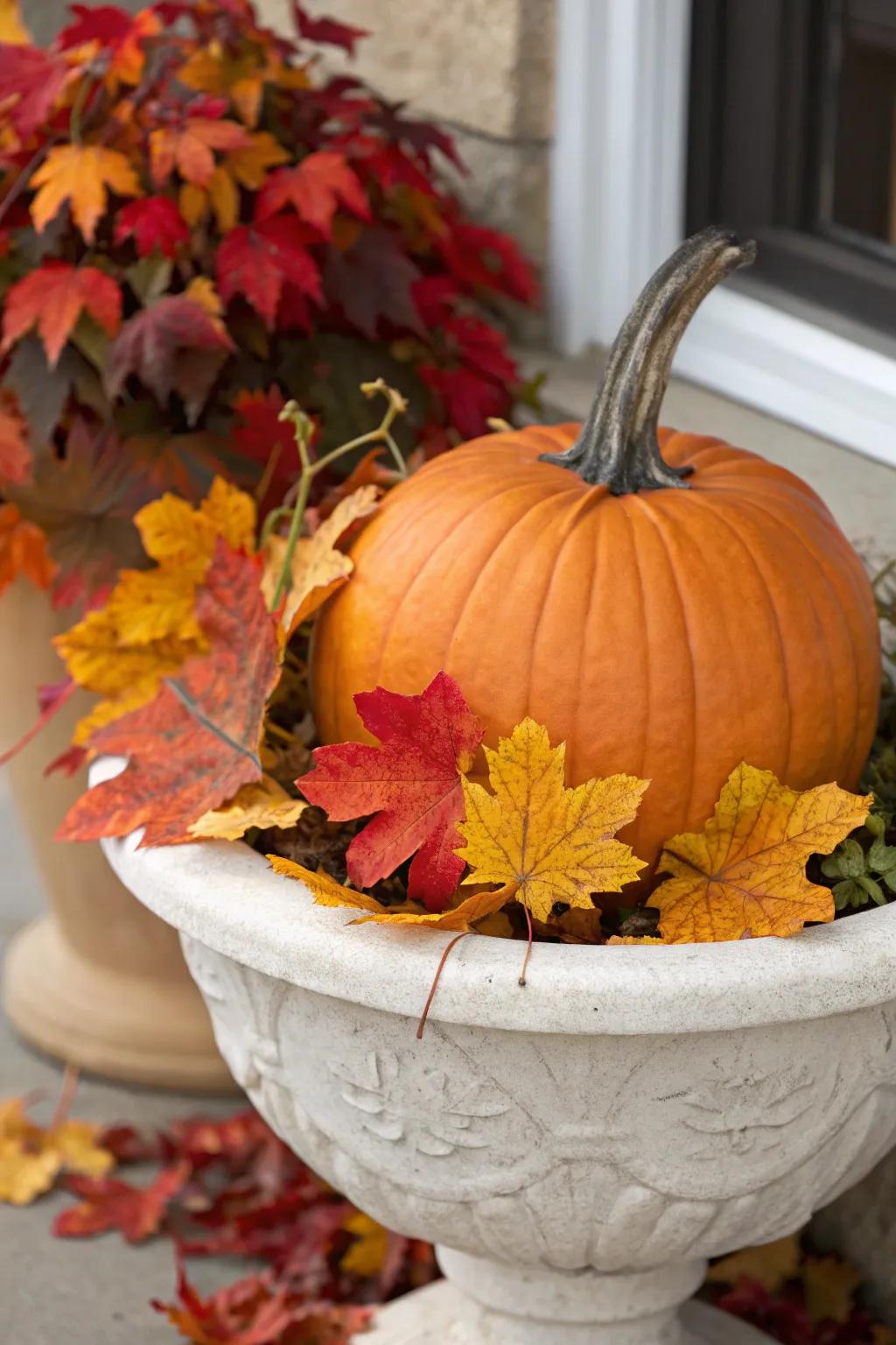 A gourd showpiece trimmed by foliage catches the mood of the autumn season.