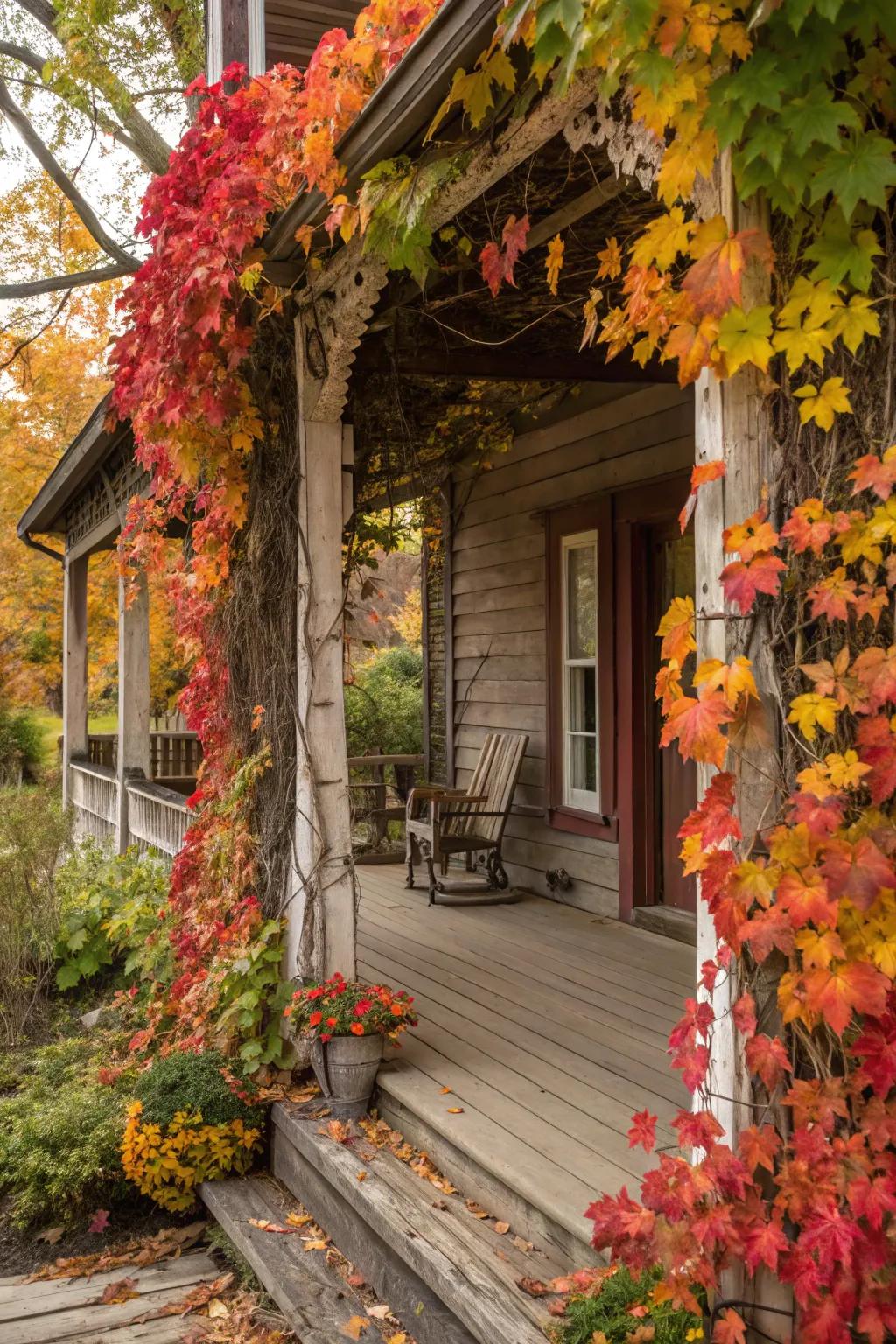Lively autumnal foliage contributes an element of natural beauty to the entryway decor.