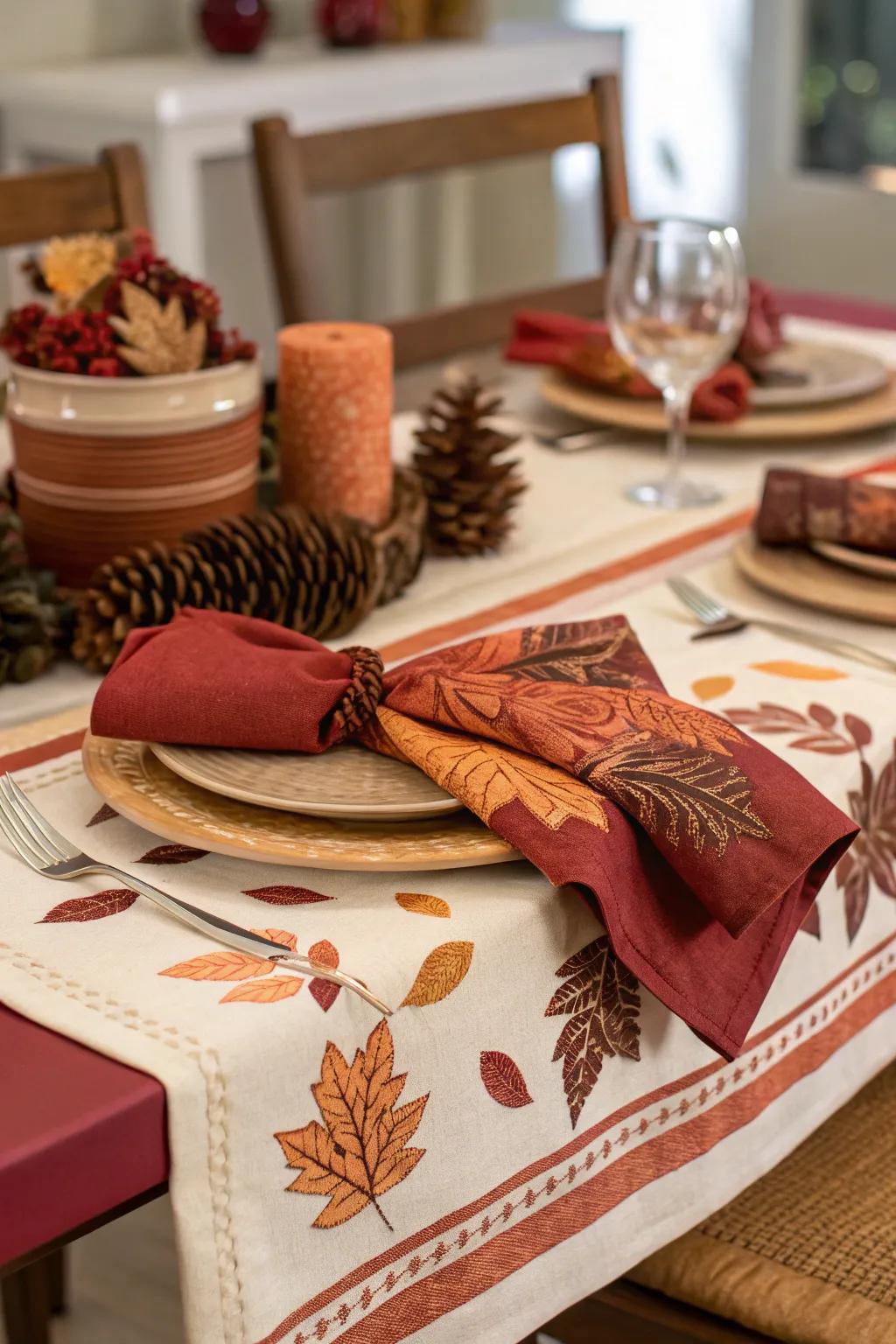 Earthy tones in napkins and tablecloths boost the fall vibe.