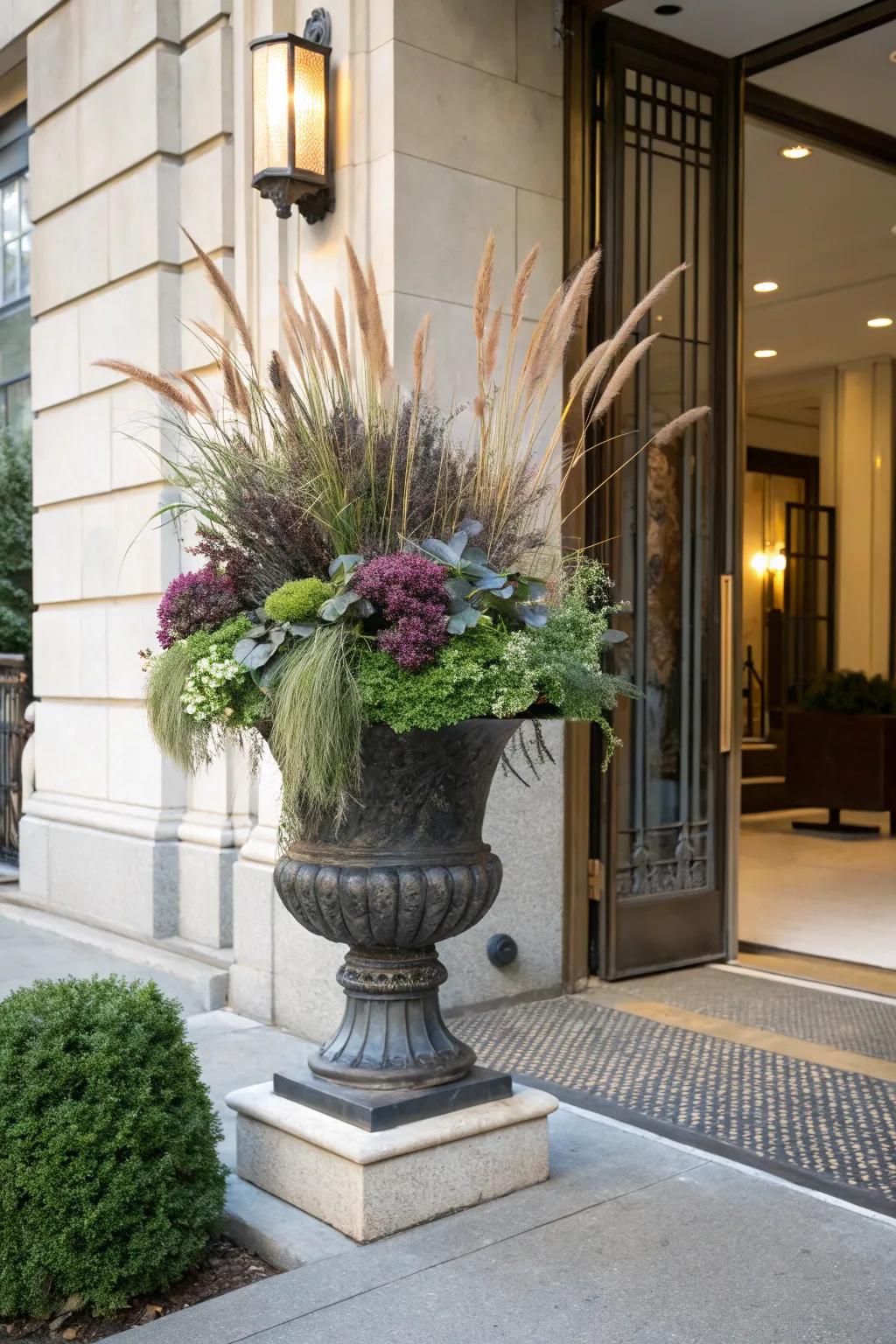 Refined textures achieved with elegant grasses and cabbage in a fall container.