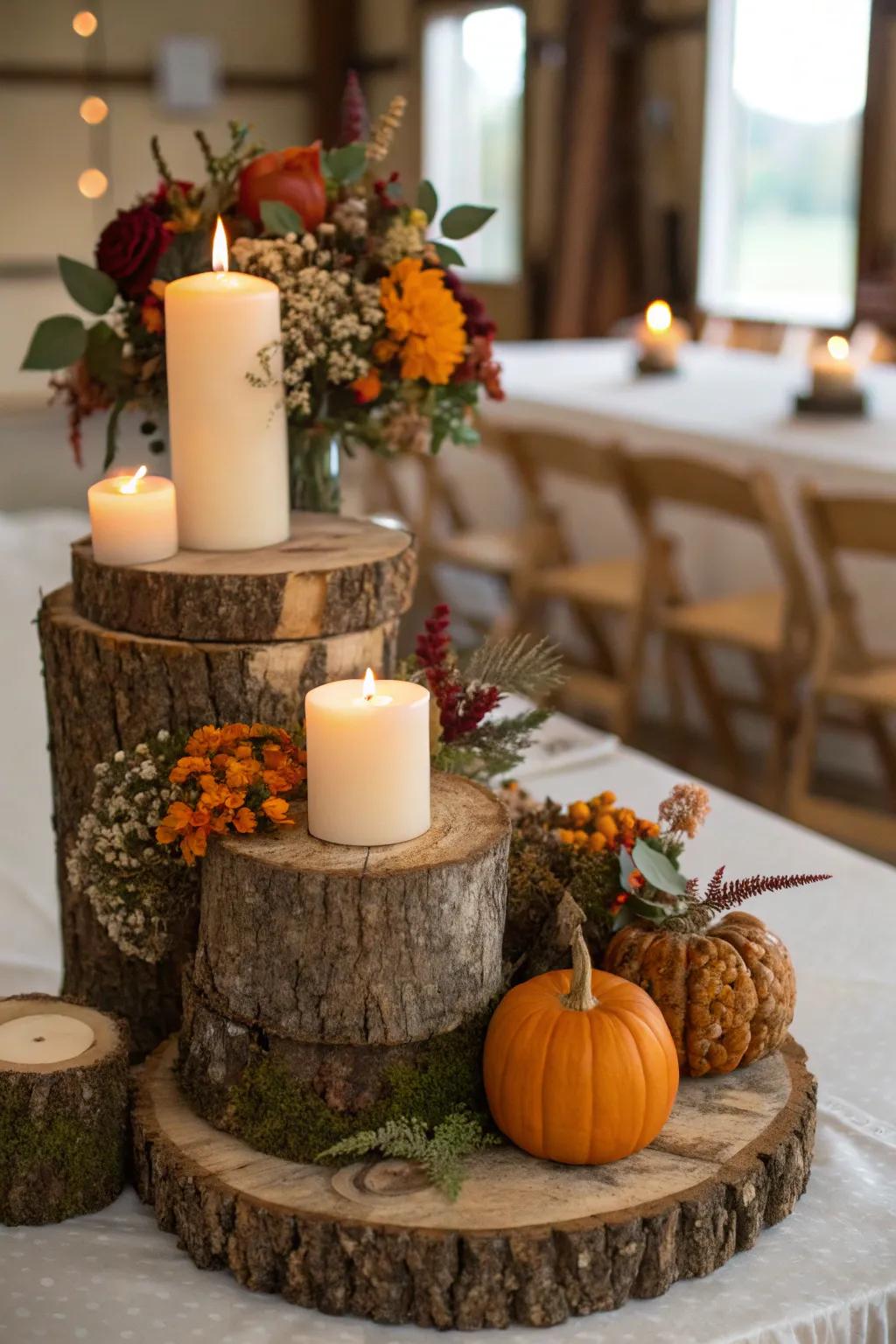 Rustic tree discs layered with candles and autumnal blooms create a warm and inviting centerpiece.