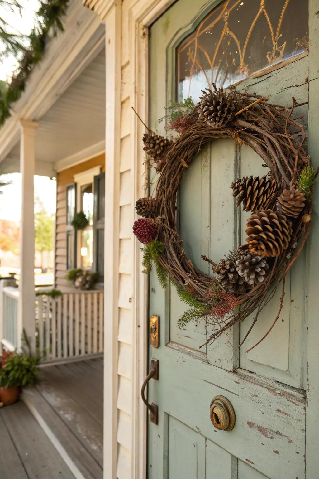 Welcome the beauty of nature with a fir cone and branch wreath.