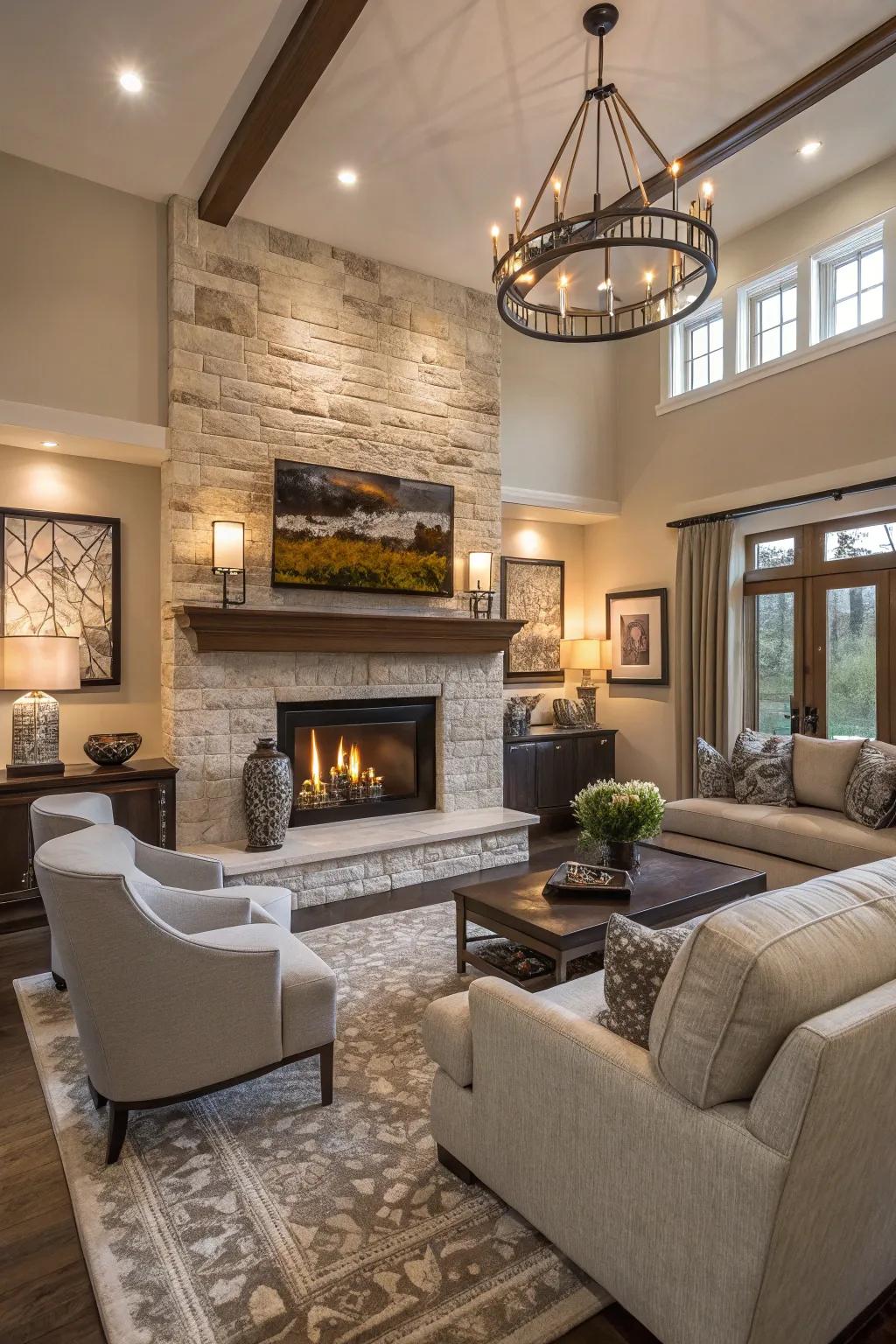 A welcoming family room showcases an eye-catching fireplace as its key design element.
