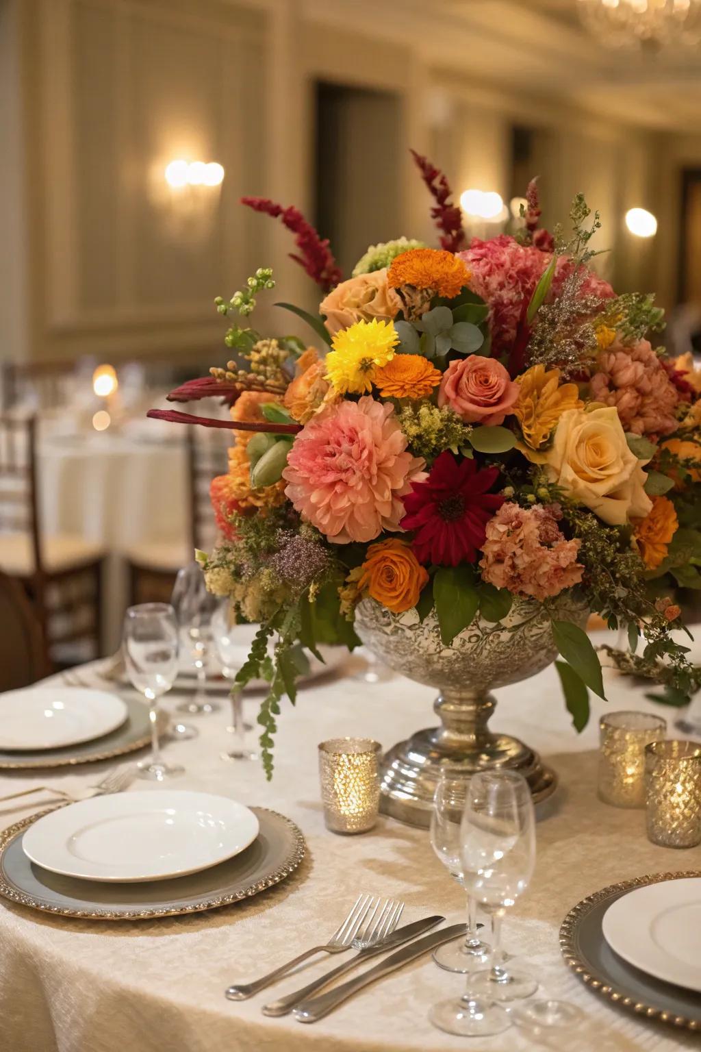 A lively botanical display brings animation and elegance to the table.
