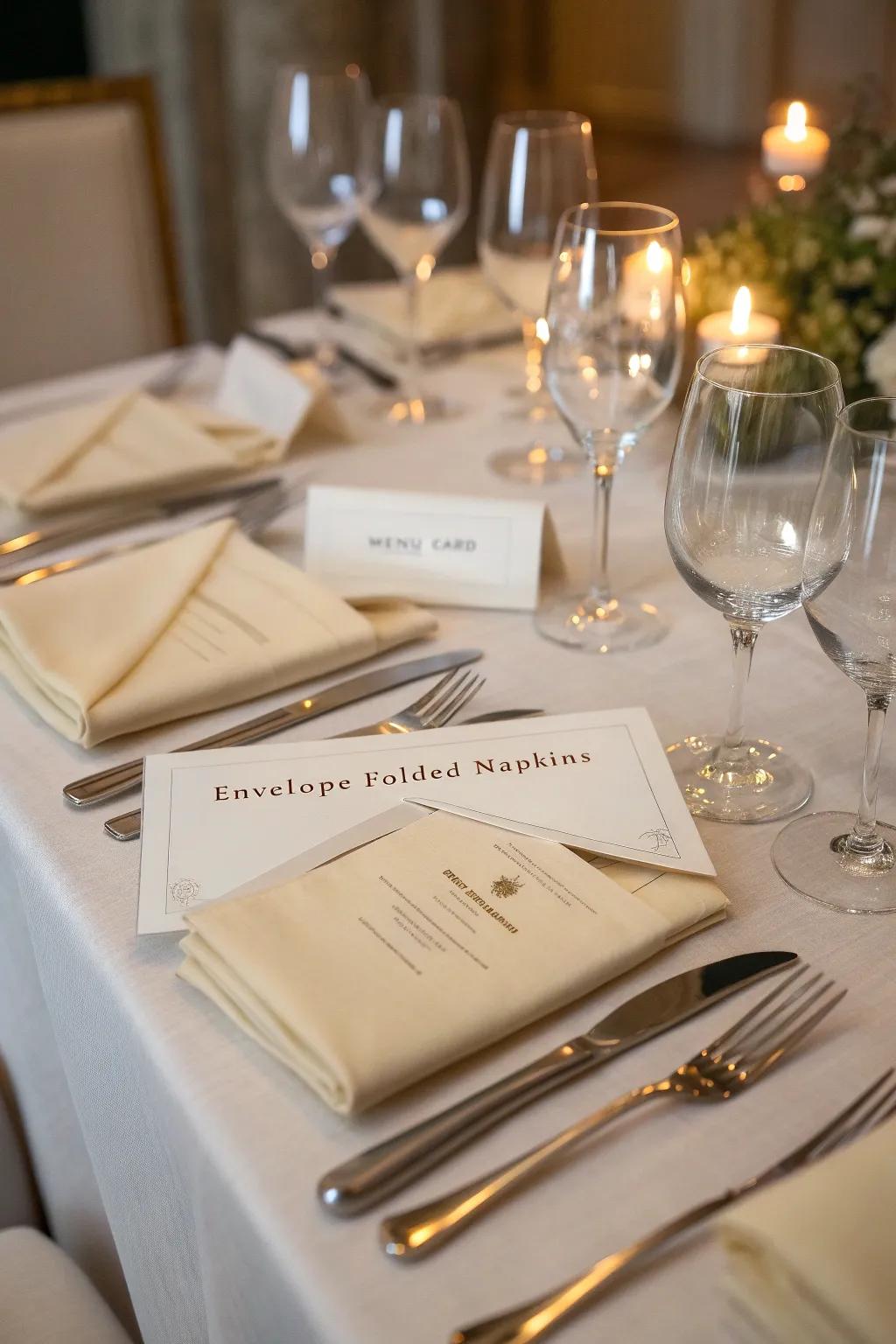 Sleeve-folded napkins with personal notes add a personal touch.