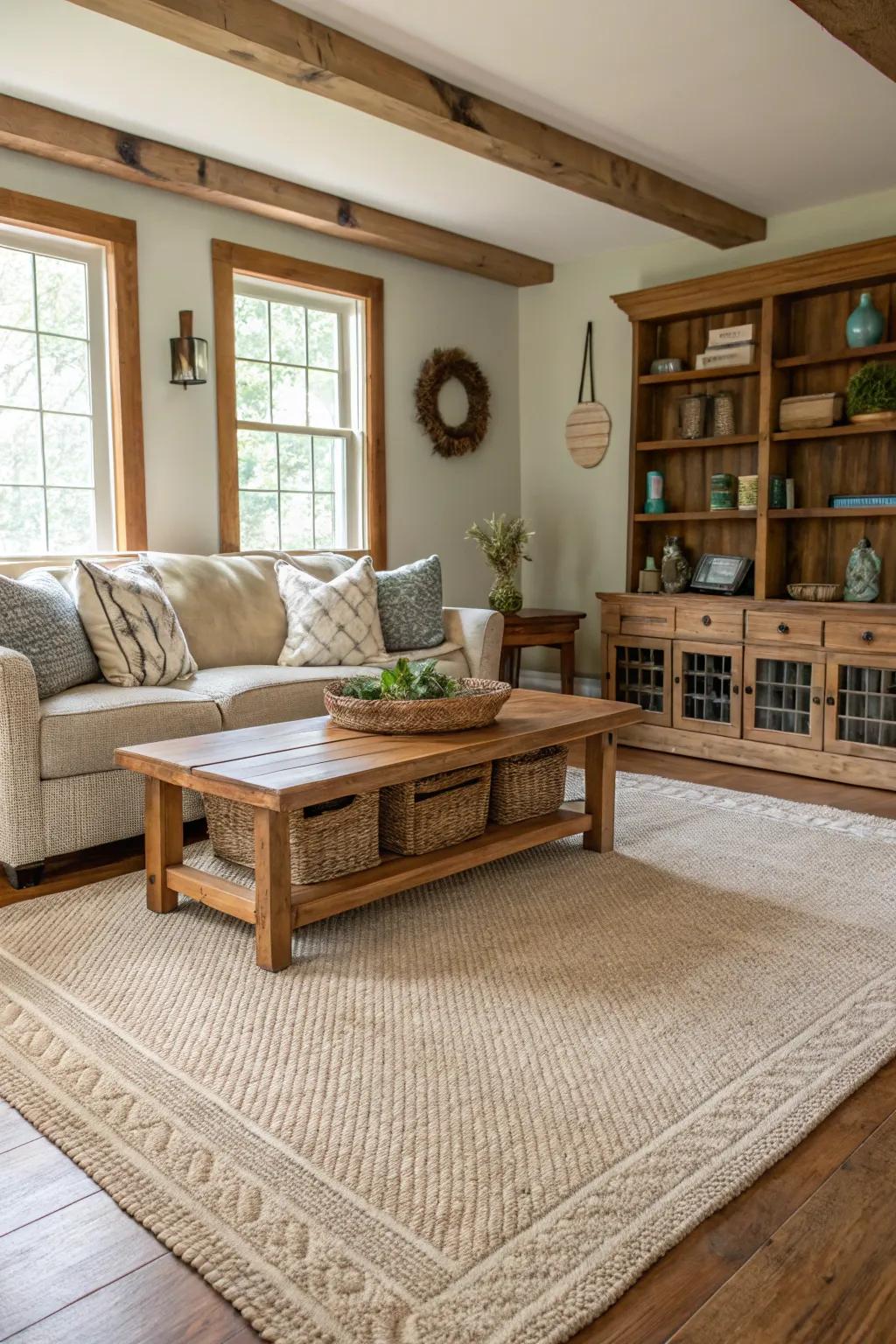 A neutral ground cover offers a tranquil base in a farmhouse living area.