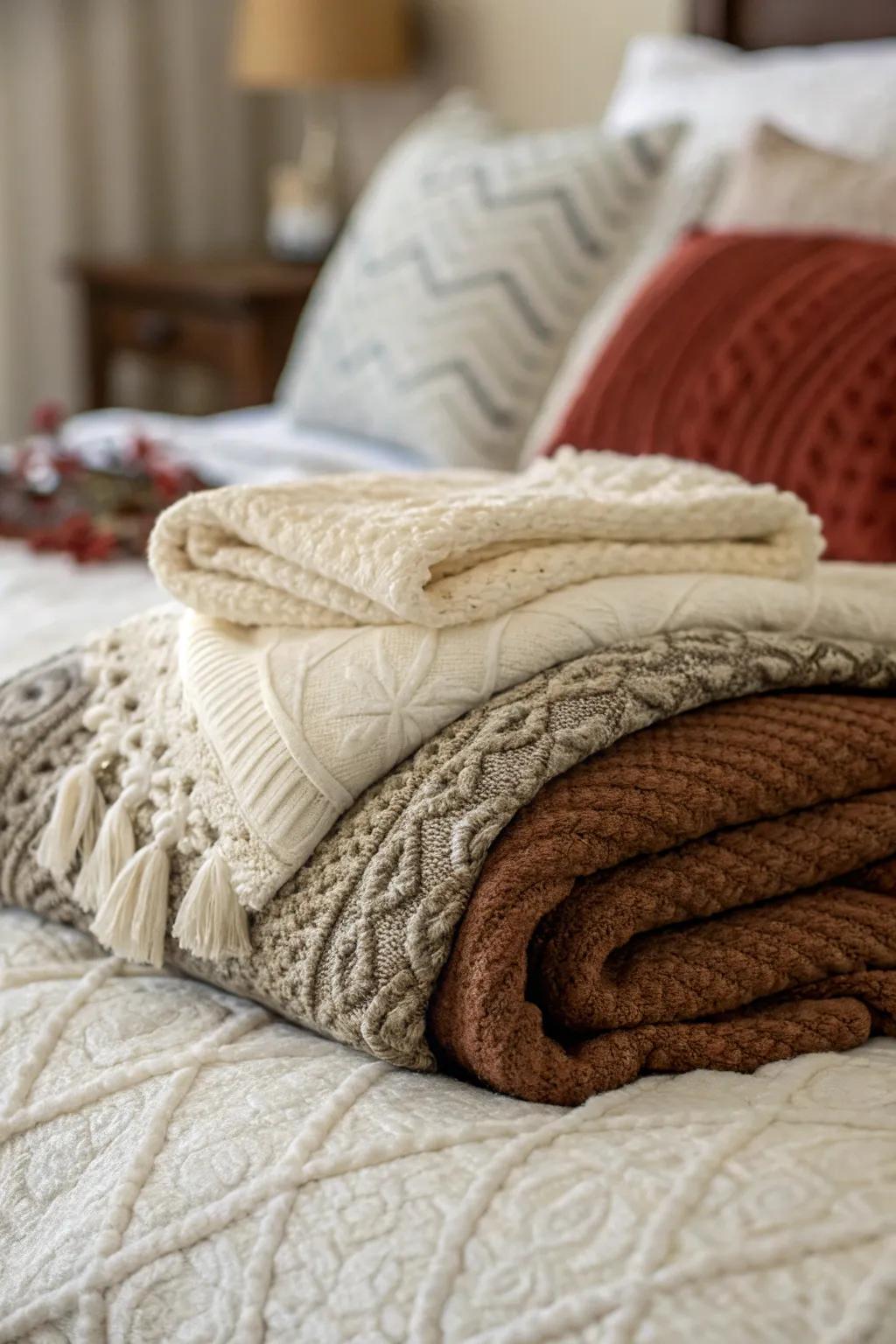 Layered textures contribute warmth and depth to the bedding.