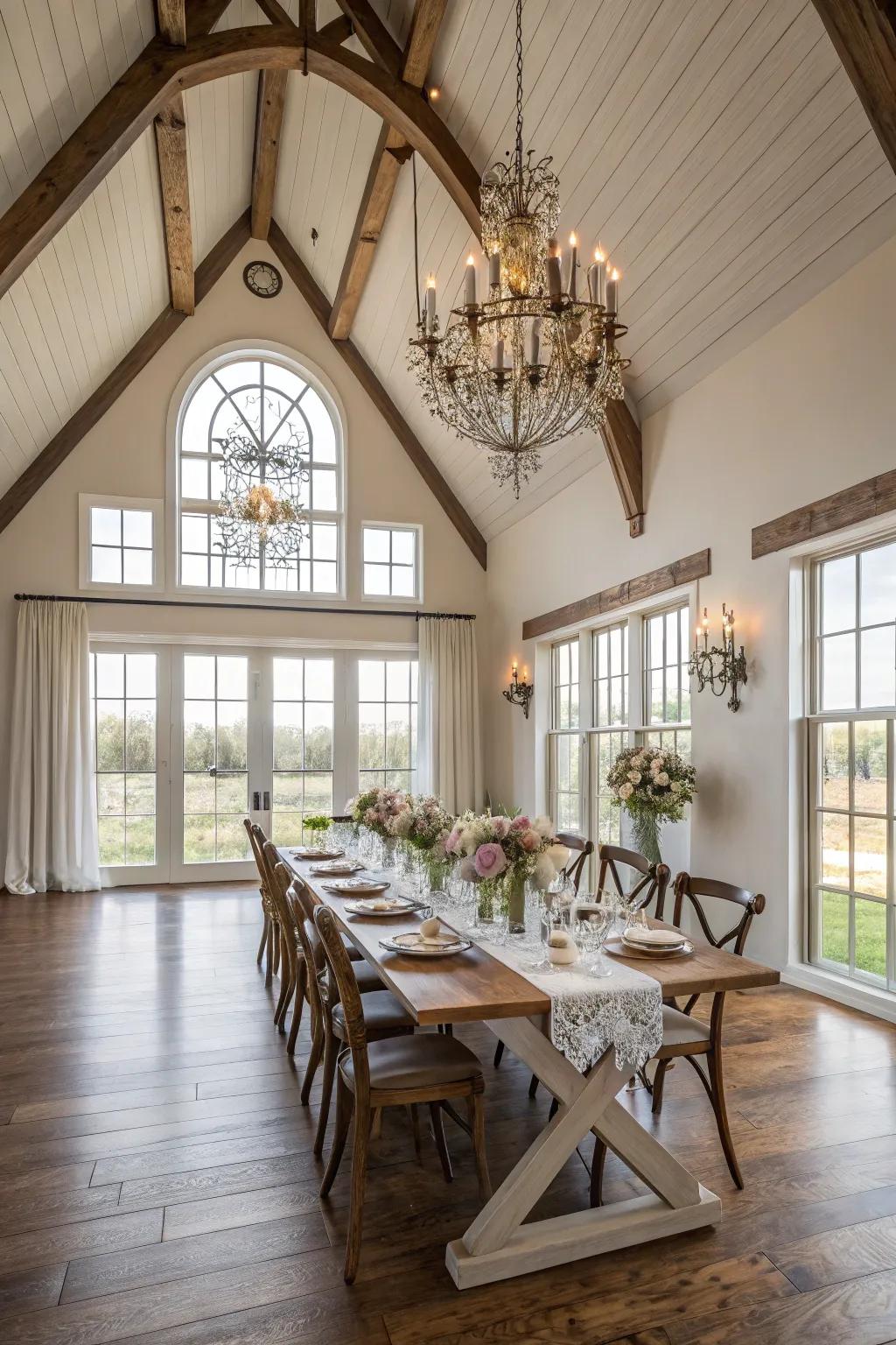 Elevated ceilings cultivate an open and airy environment in this farmhouse dining space.