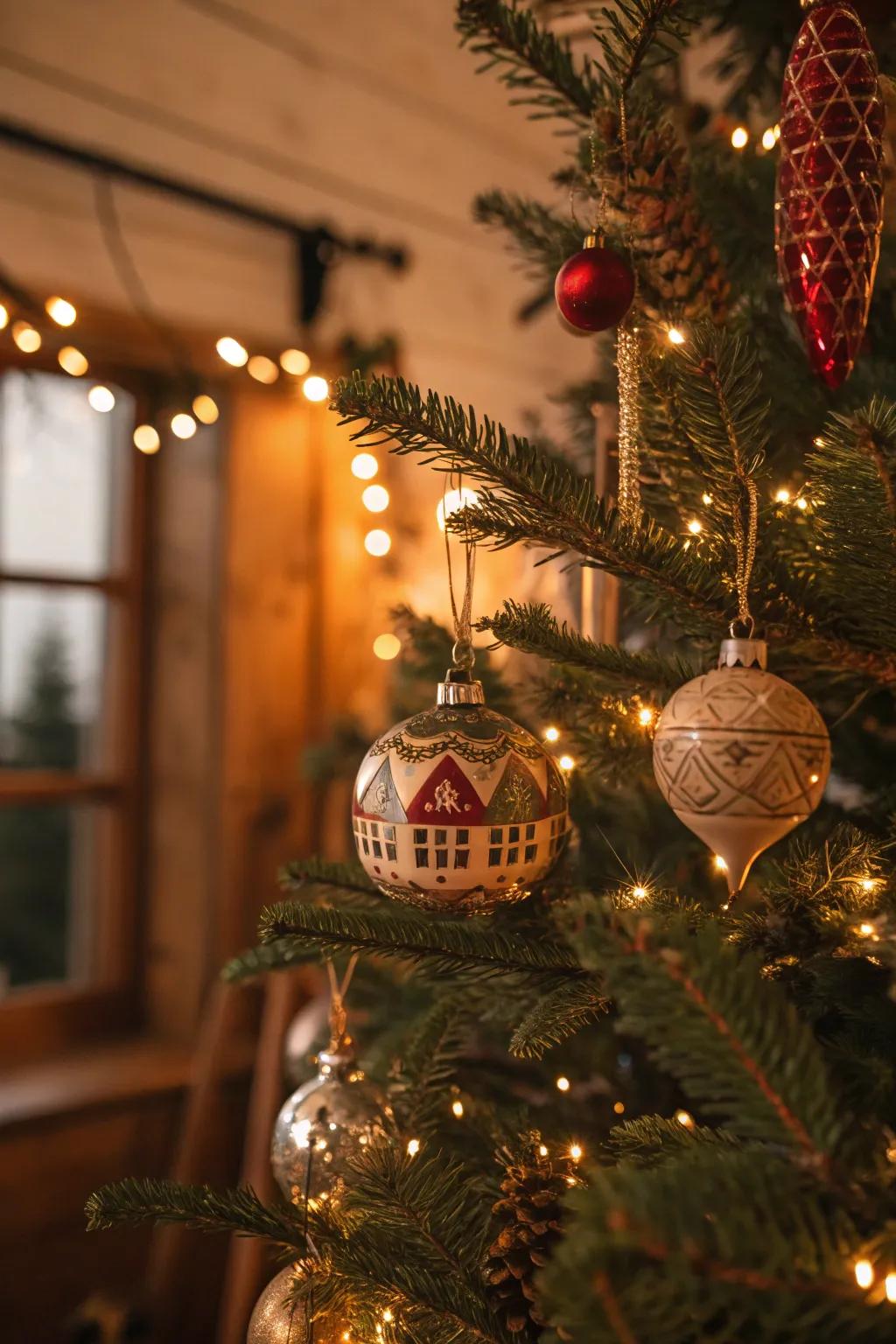 Time-worn baubles lend a nostalgic essence to this farmhouse Christmas tree.