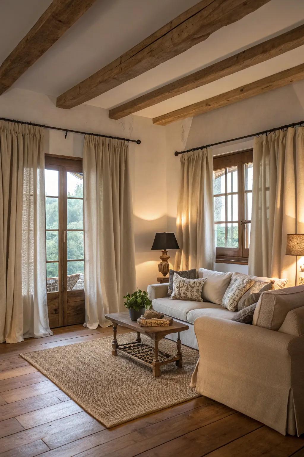 Neutral curtains that bring out the wooden floors in a serene farmhouse living room.